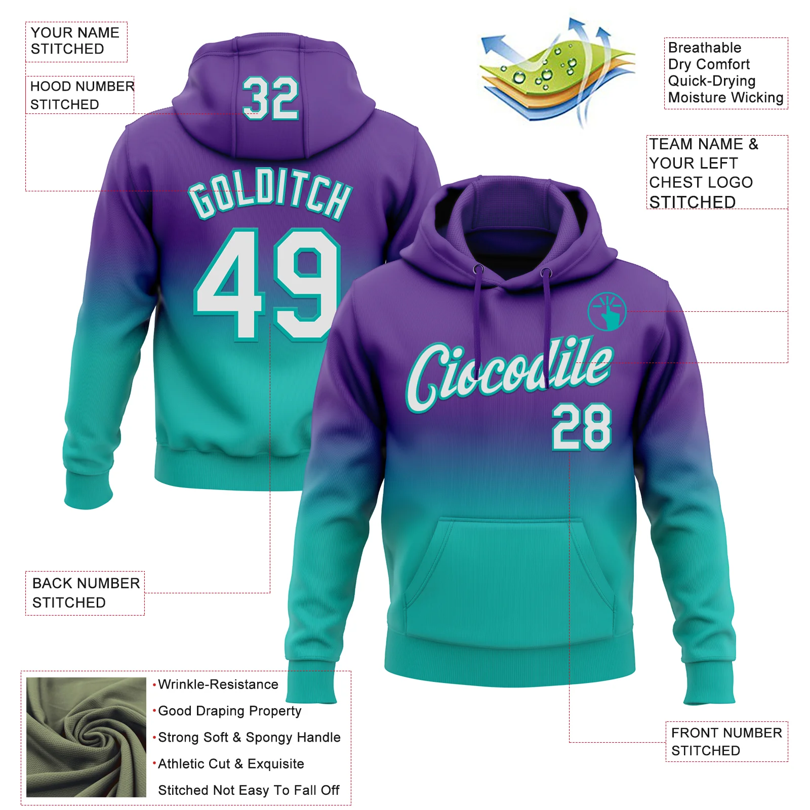 Custom Stitched Purple White-Aqua Fade Fashion Sports Pullover Sweatshirt Hoodie