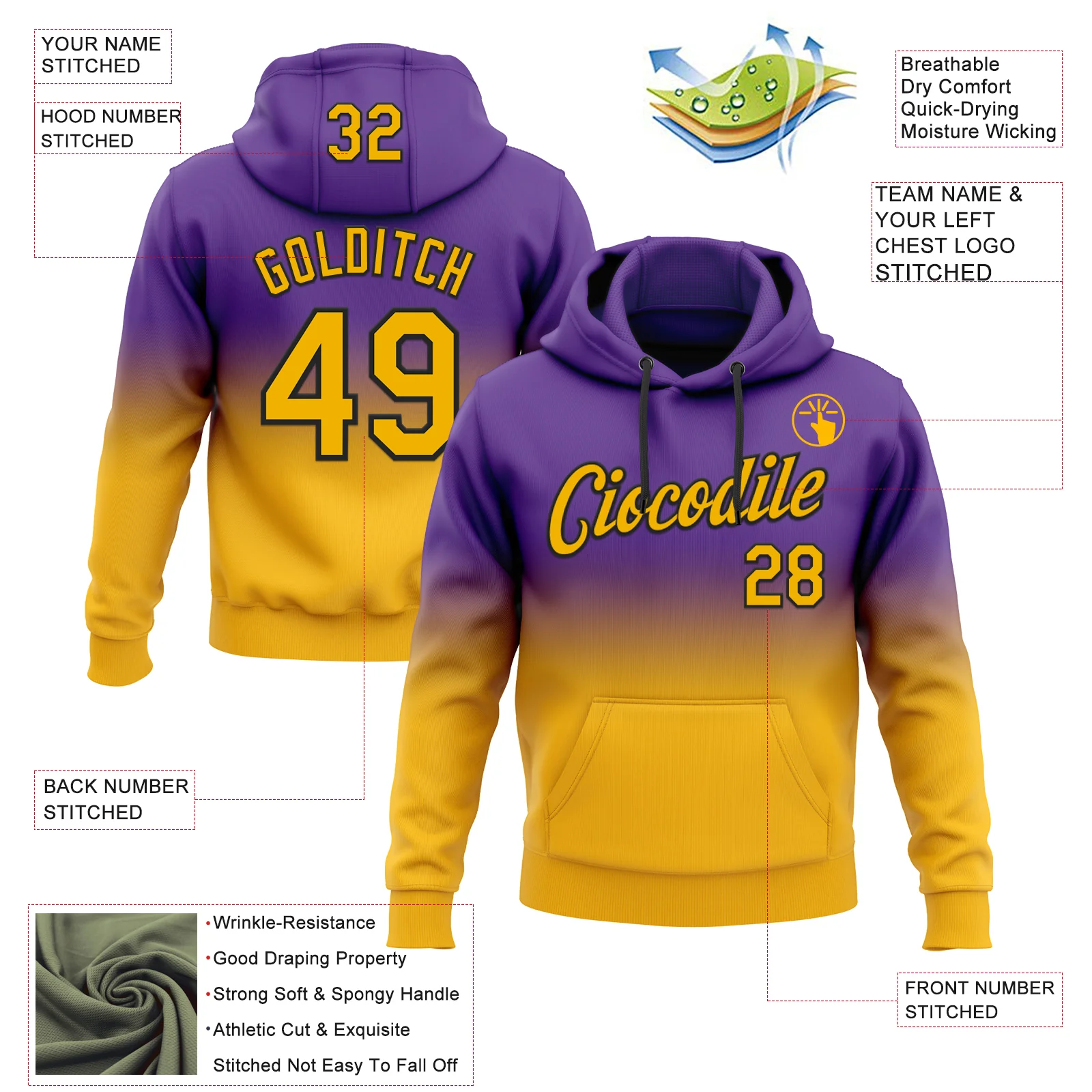 Custom Stitched Purple Gold-Black Fade Fashion Sports Pullover Sweatshirt Hoodie