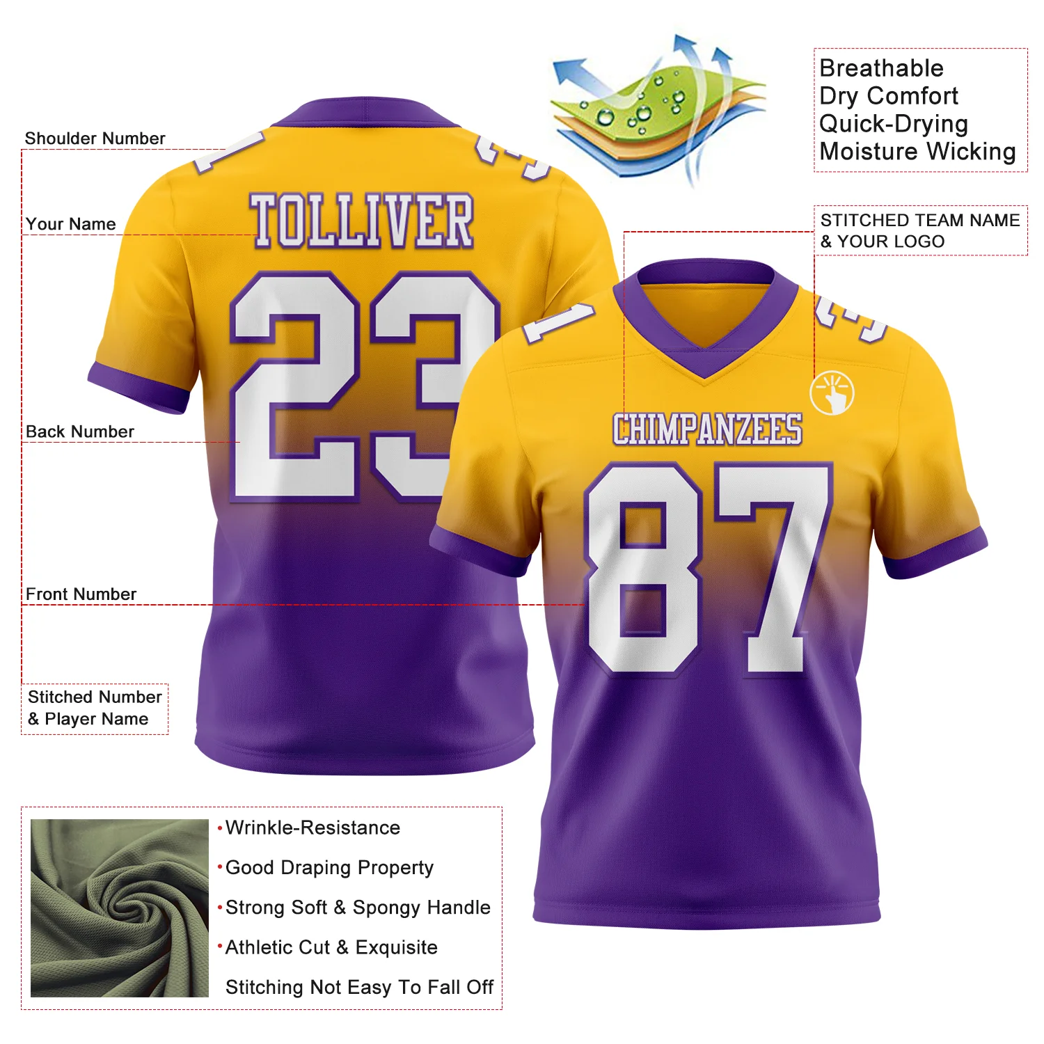 Custom Gold White-Purple Authentic Fade Fashion Football Jersey