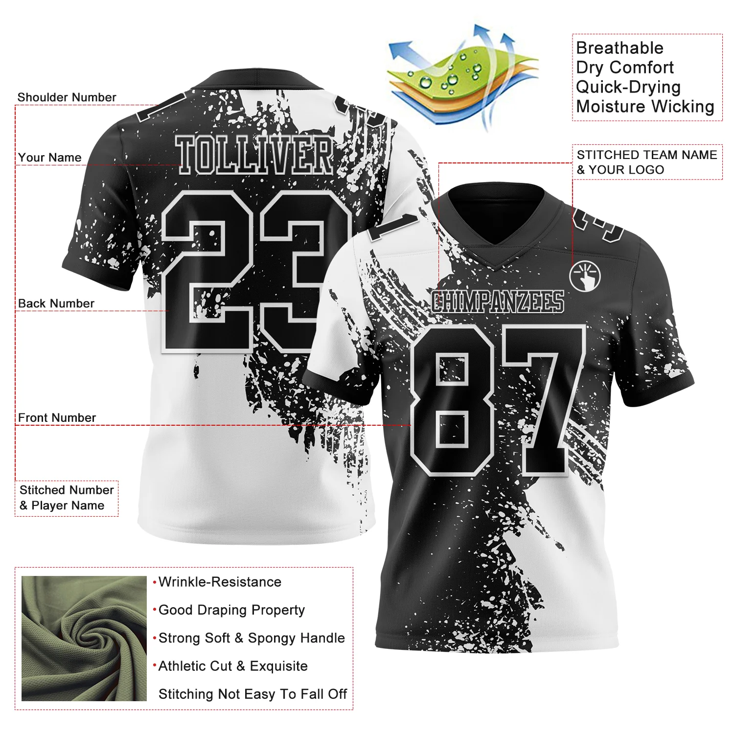 Custom Black White 3D Pattern Abstract Brush Stroke Authentic Football Jersey
