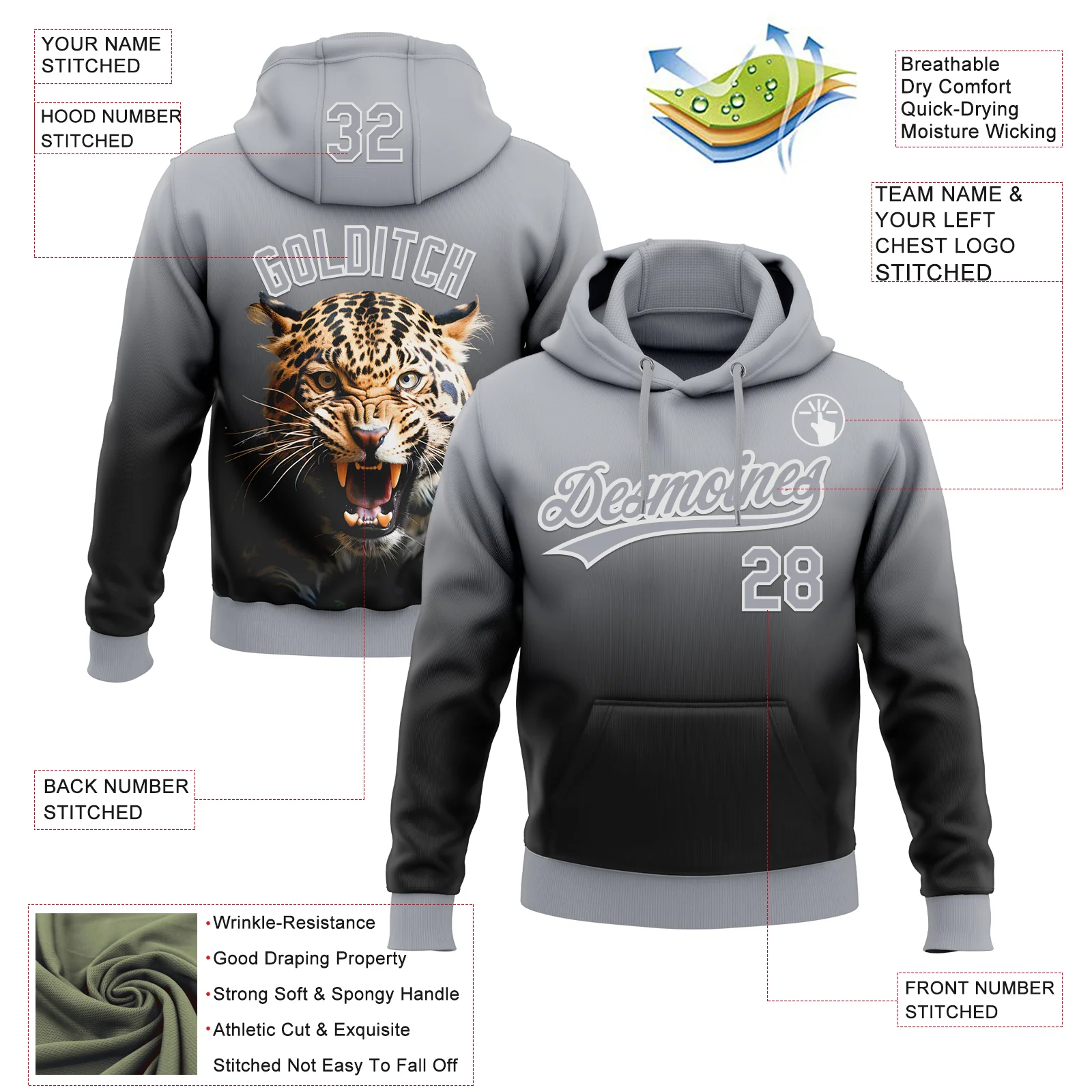 Custom Stitched Black Gray-White 3D Pattern Design Leopardo Sports Pullover Sweatshirt Hoodie