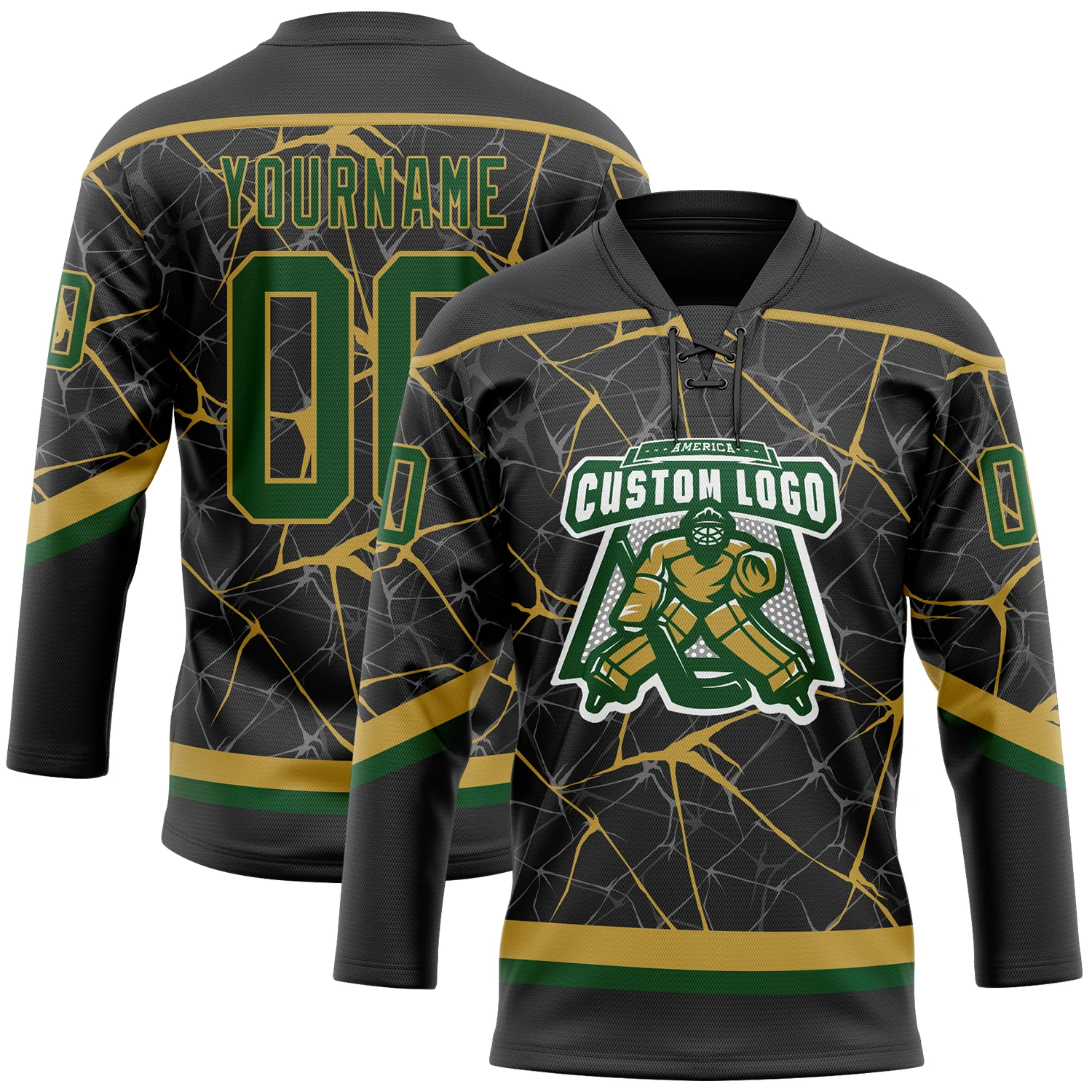 Custom Black Green-Old Gold 3D Pattern Abstract Network Hockey Lace Neck Jersey