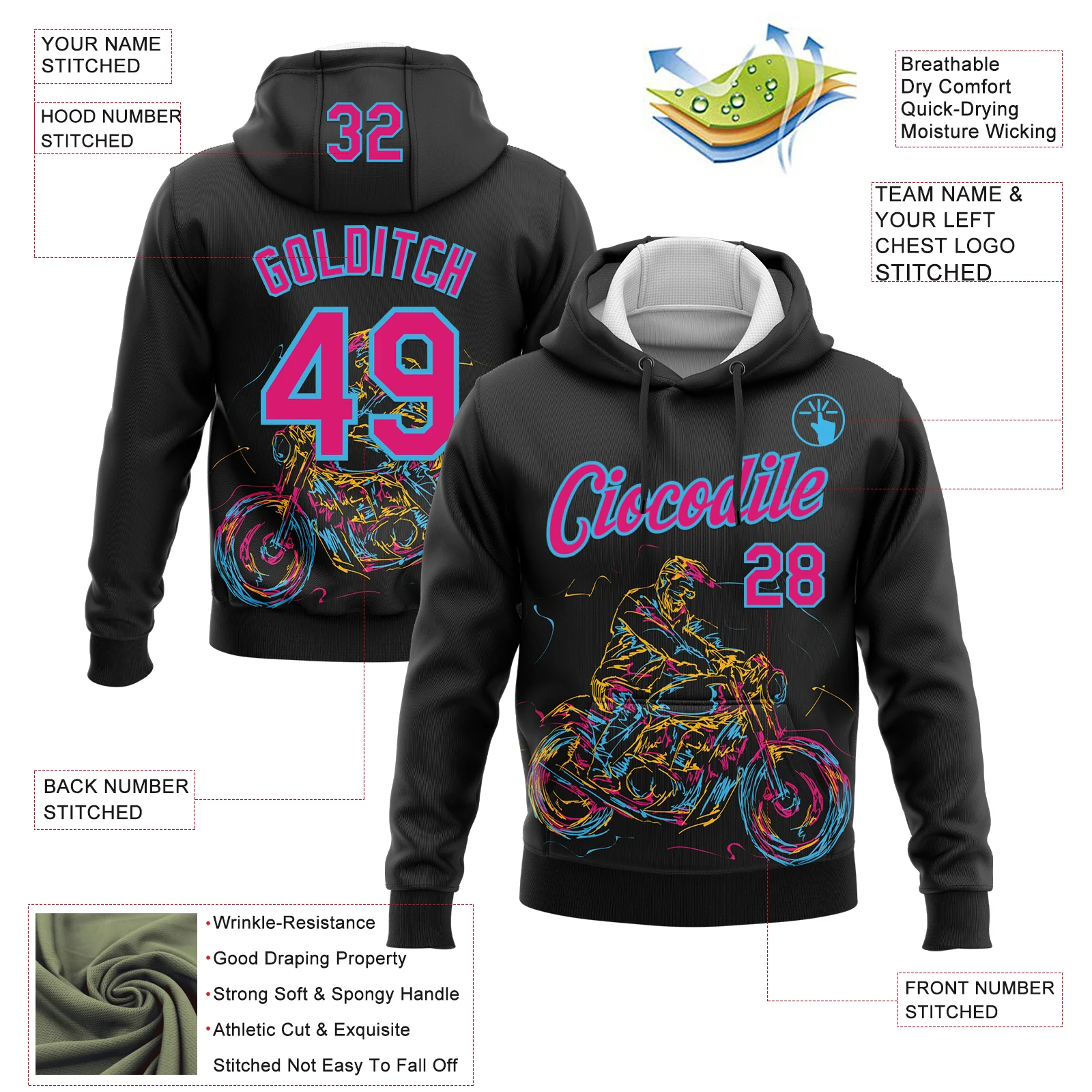 Custom Stitched Black Hot Pink-Sky Blue 3D Pattern Design Motorcycle Motocross Racing Sports Pullover Sweatshirt Hoodie