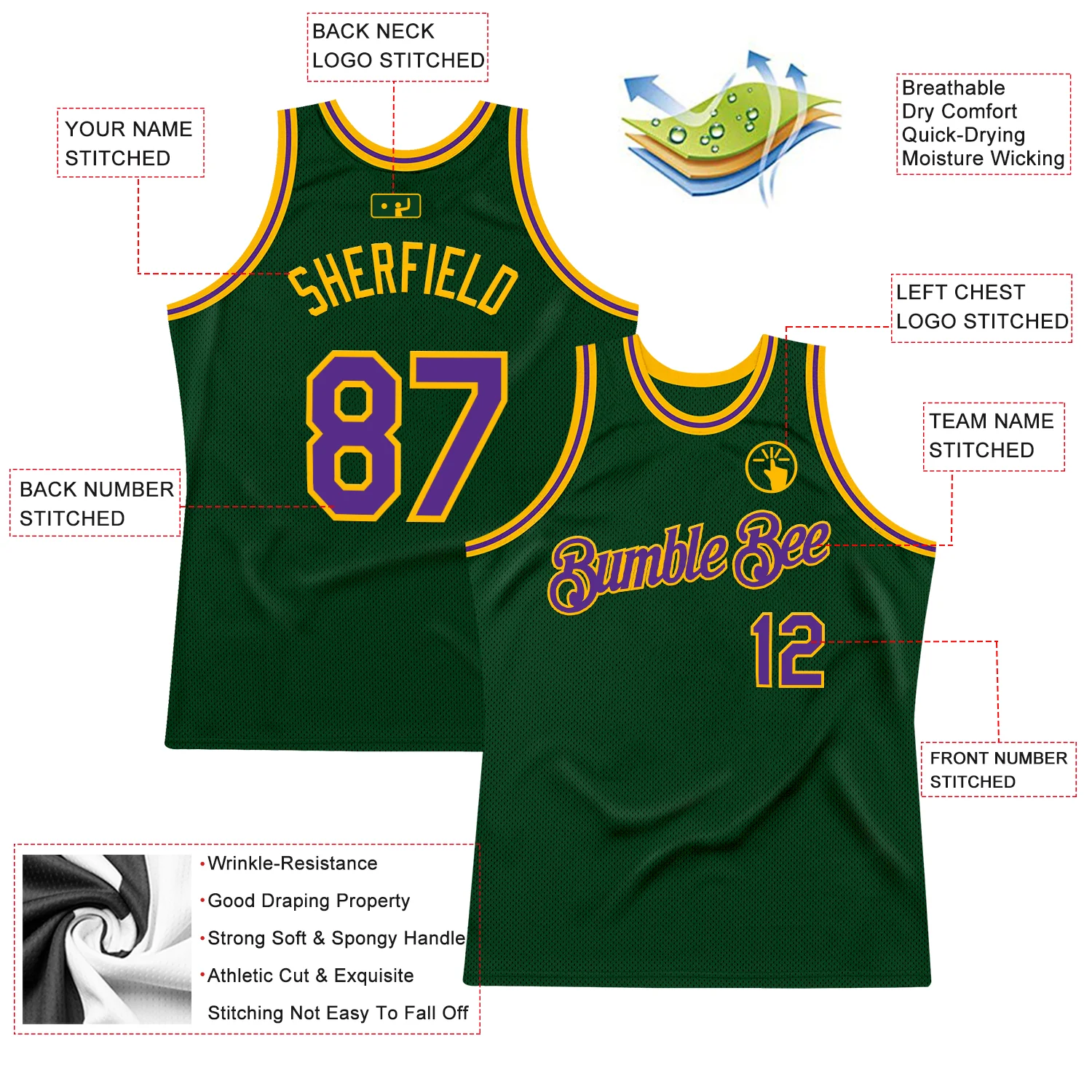 Custom Green Purple-Gold Authentic Throwback Basketball Jersey