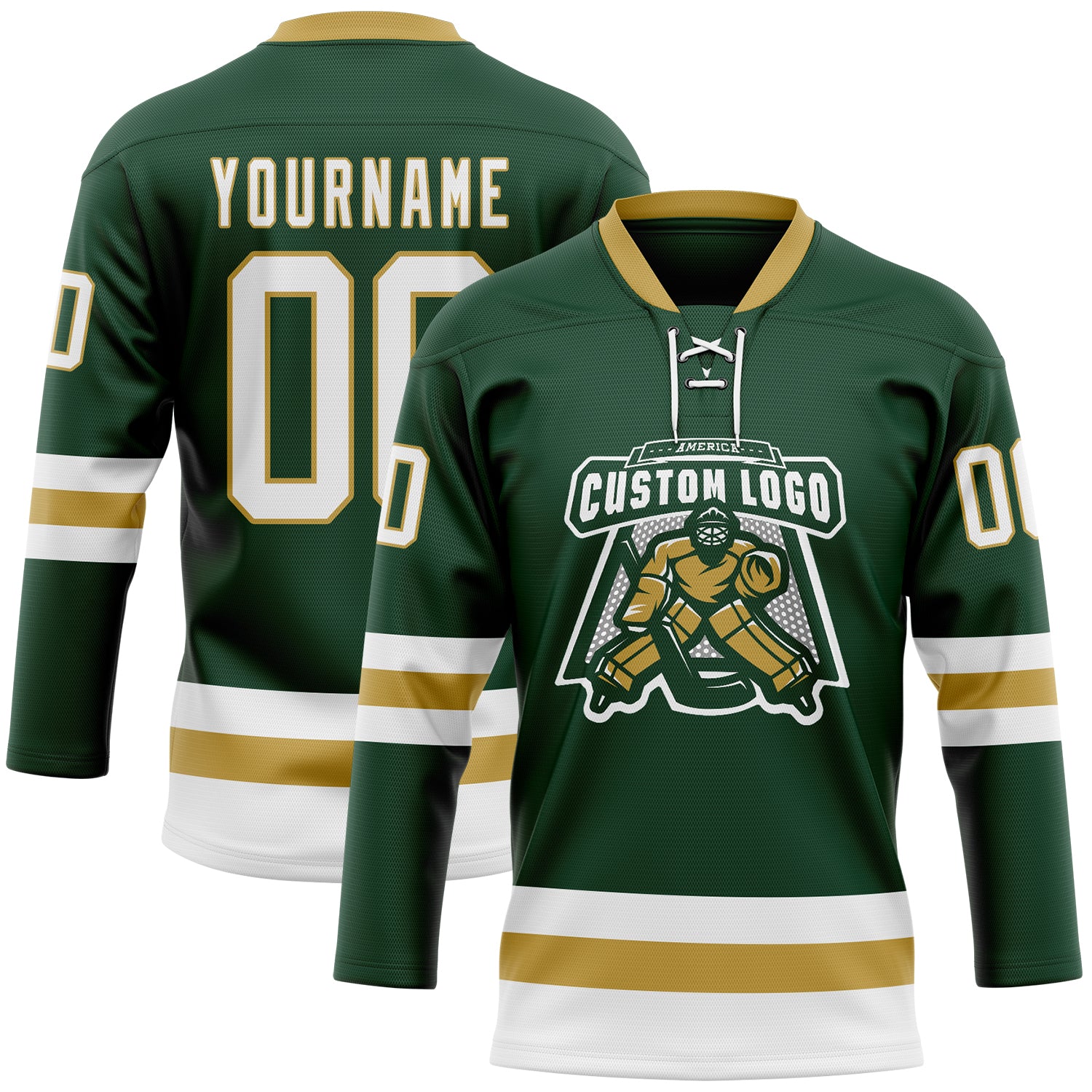 Custom Green White-Old Gold Hockey Lace Neck Jersey