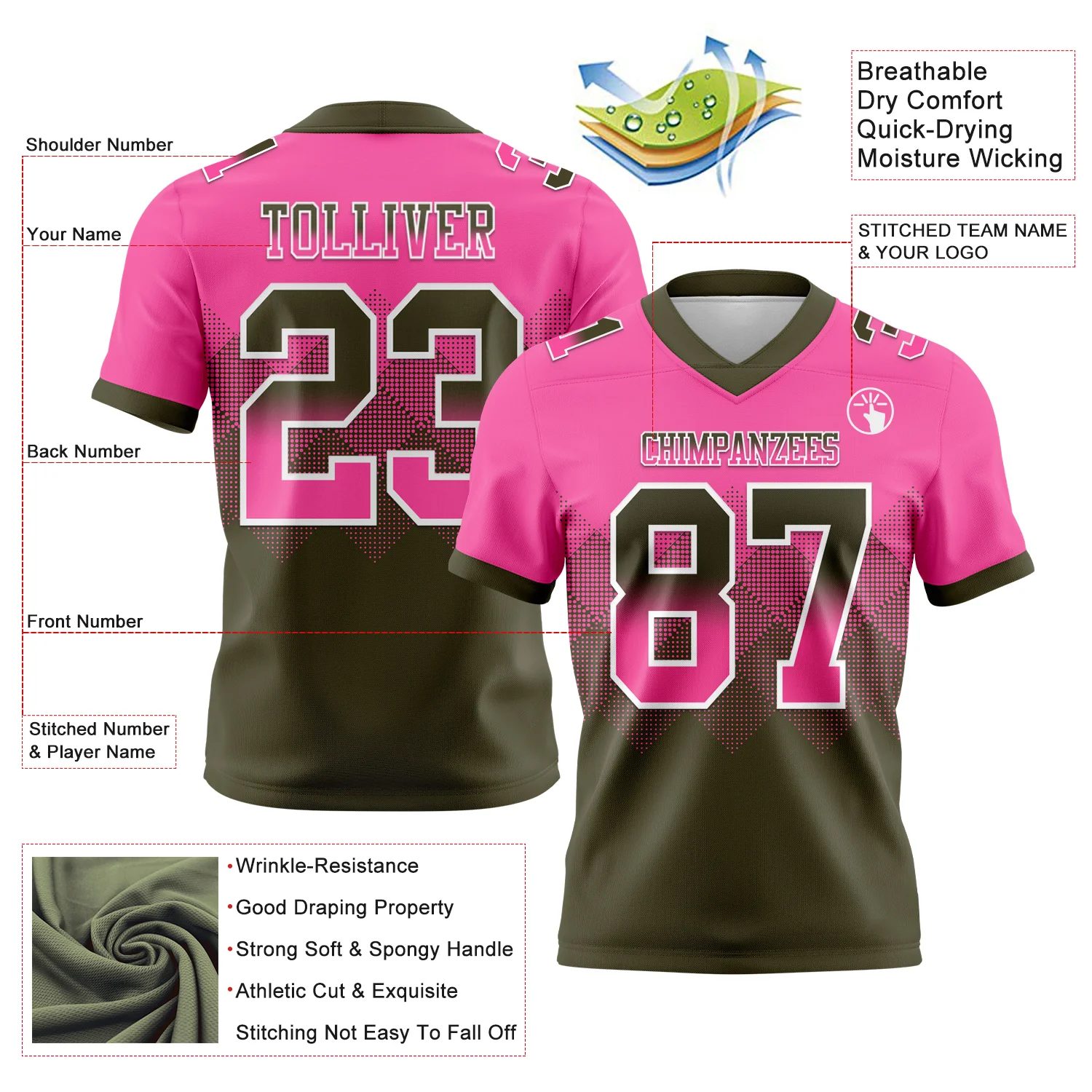 Custom Pink Olive-White Authentic Gradient Square Shape Flag Football Jersey