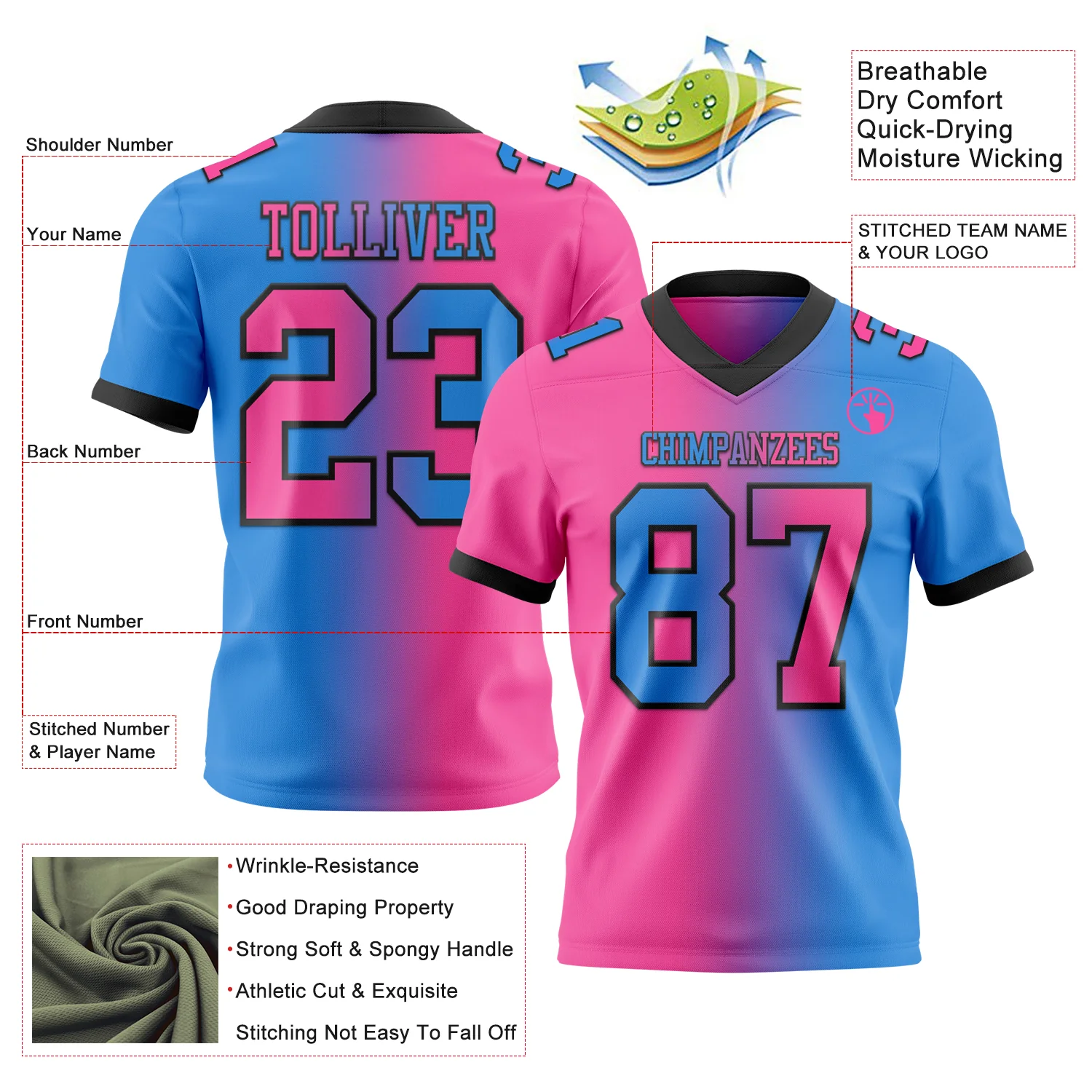 Custom Powder Blue Pink-Black Authentic Gradient Fashion Football Jersey