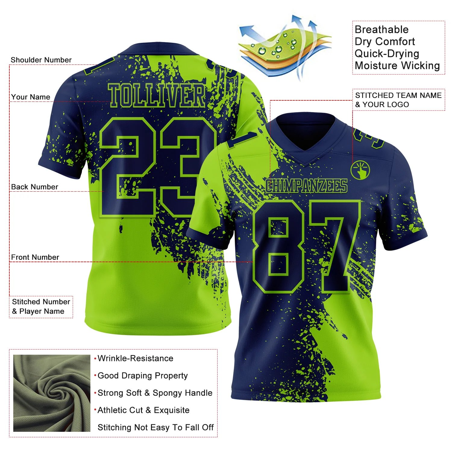Custom Navy Neon Green 3D Pattern Abstract Brush Stroke Authentic Football Jersey