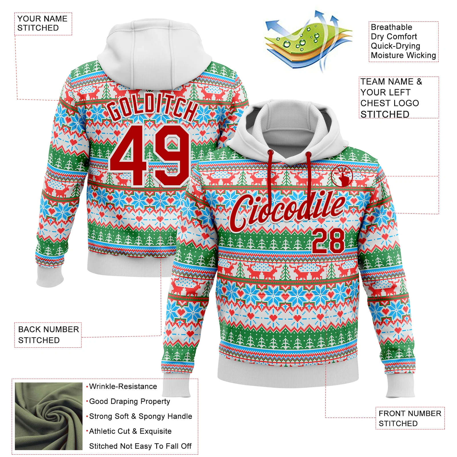 Custom Stitched White Red Christmas 3D Sports Pullover Sweatshirt Hoodie