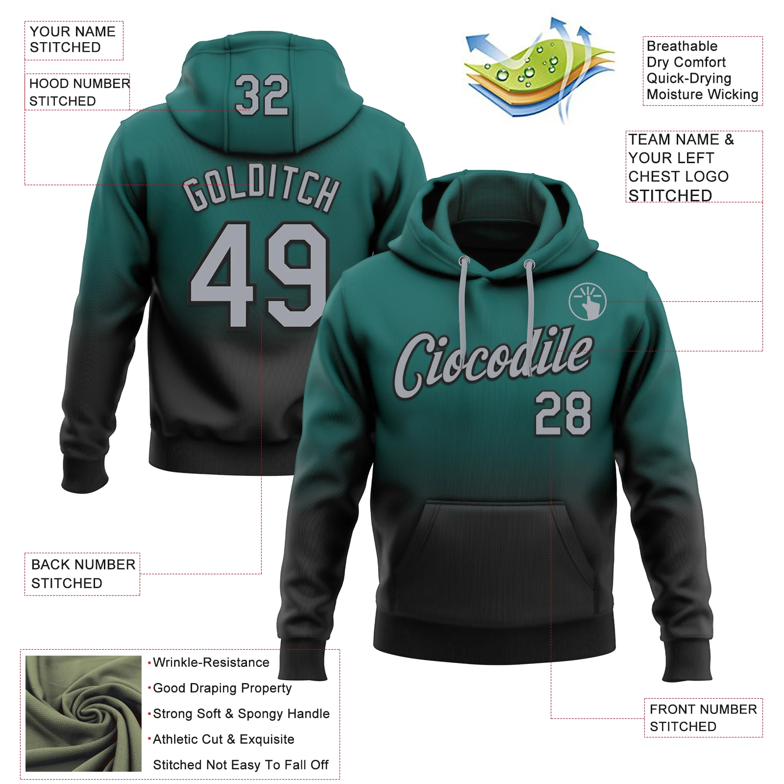 Custom Stitched Midnight Green Gray-Black Fade Fashion Sports Pullover Sweatshirt Hoodie