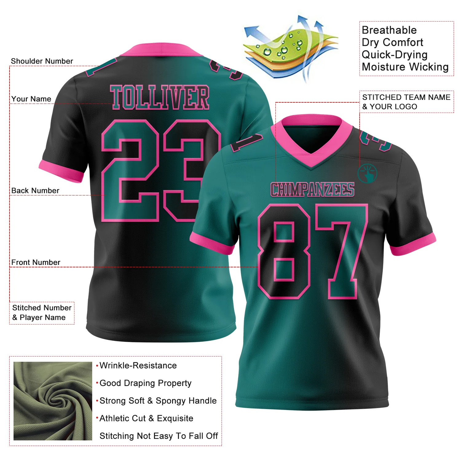Custom Black Teal-Pink Authentic Gradient Fashion Football Jersey