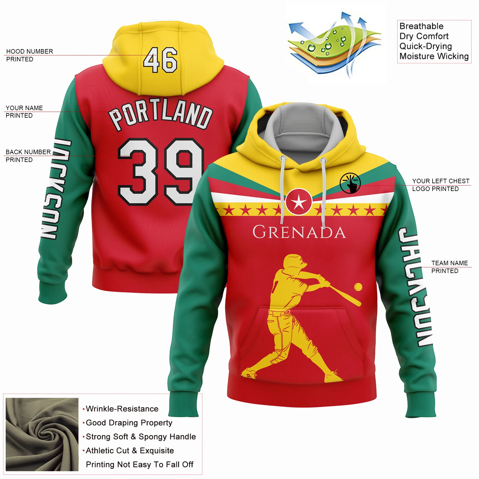 Custom Red Gold-Black 3D Grenada Grenadian Flag Sports Pullover Sweatshirt Hoodie