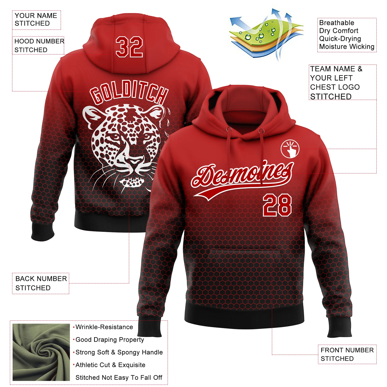 Custom Stitched Black Red-White 3D Pattern Design Leopardo Sports Pullover Sweatshirt Hoodie