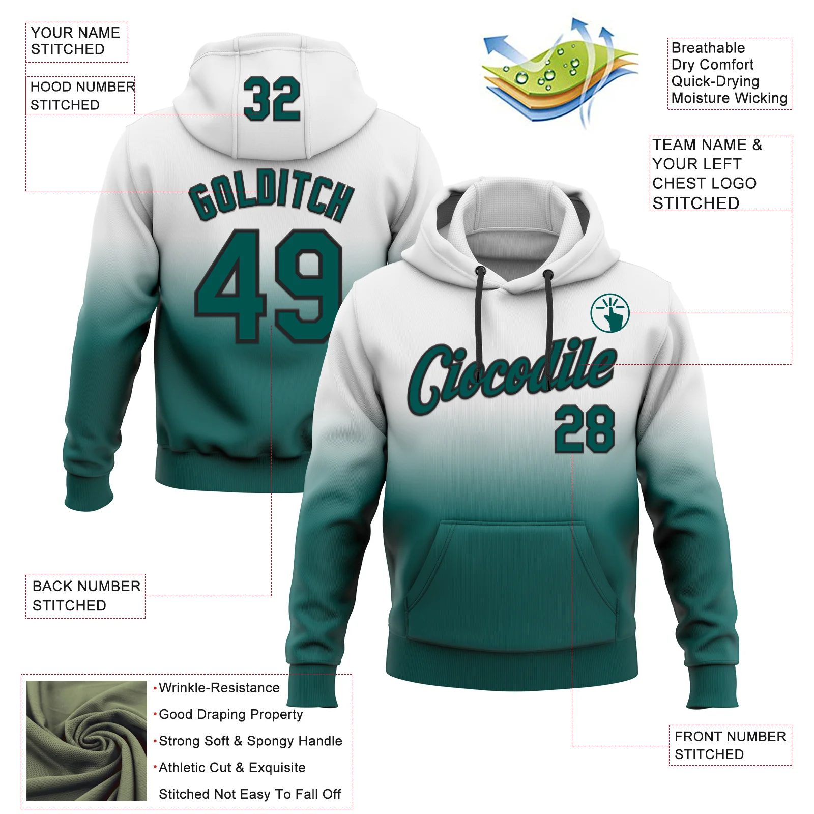 Custom Stitched White Midnight Green-Black Fade Fashion Sports Pullover Sweatshirt Hoodie