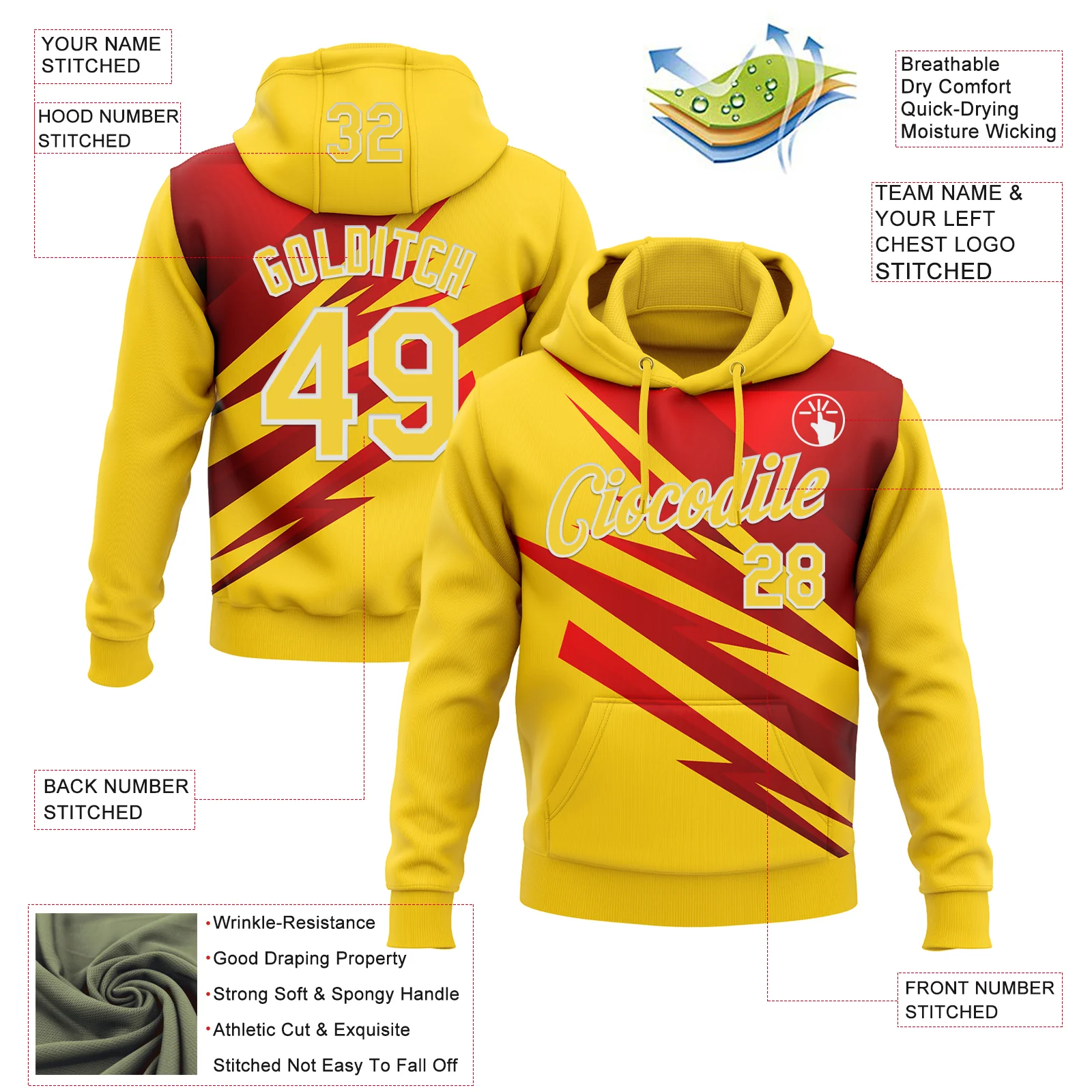 Custom Stitched Yellow Red-White 3D Pattern Design Line Sports Pullover Sweatshirt Hoodie