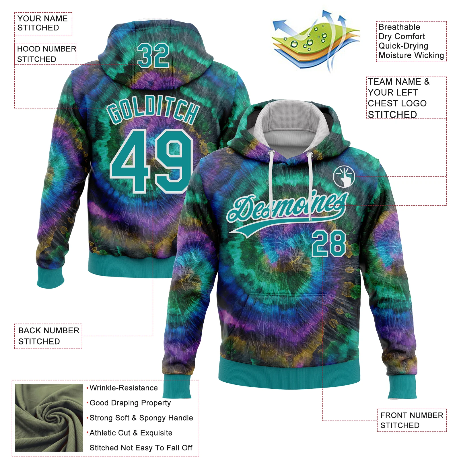 Custom Stitched Tie Dye Teal-White 3D Sports Pullover Sweatshirt Hoodie