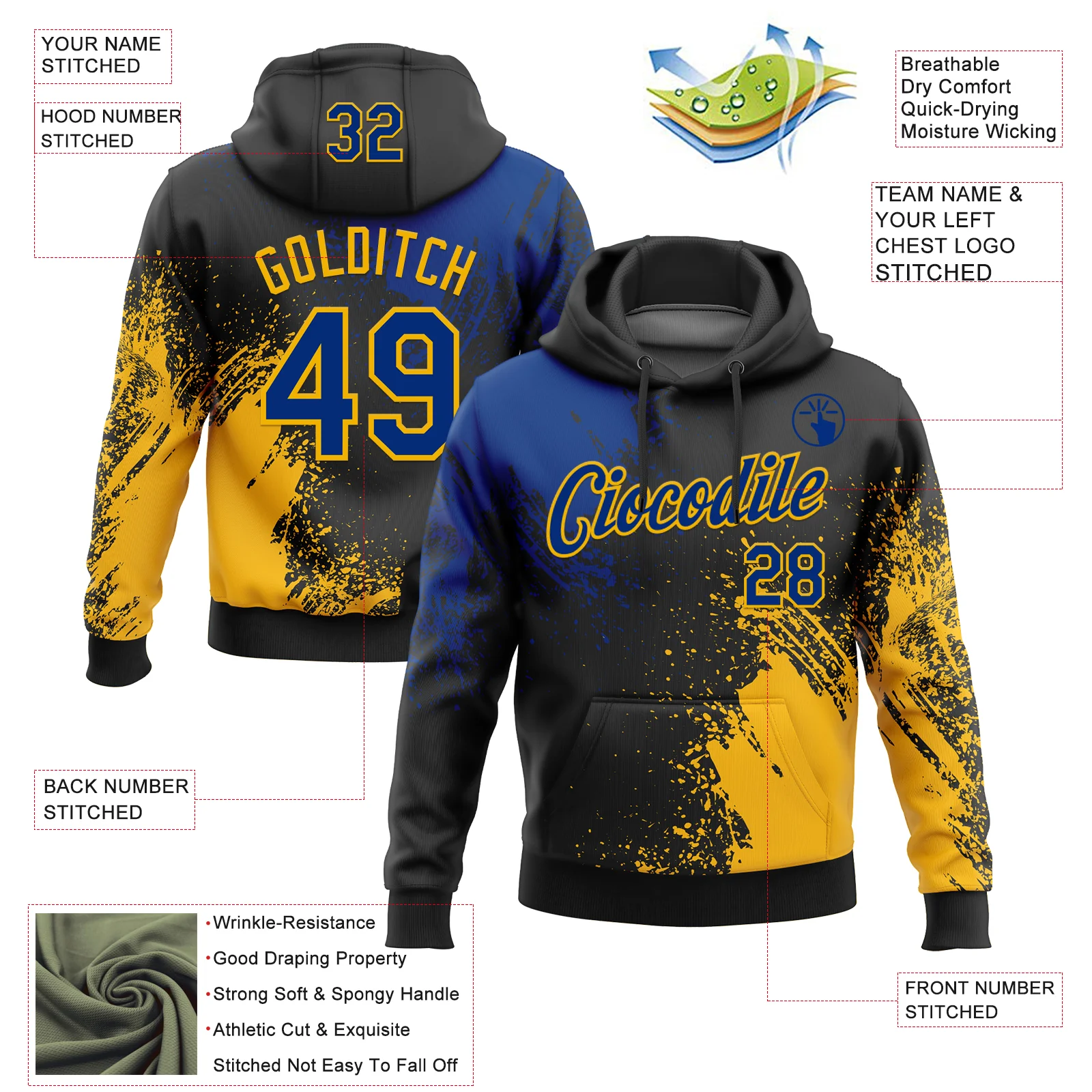 Custom Stitched Black Royal-Gold 3D Pattern Design Abstract Brush Stroke Sports Pullover Sweatshirt Hoodie