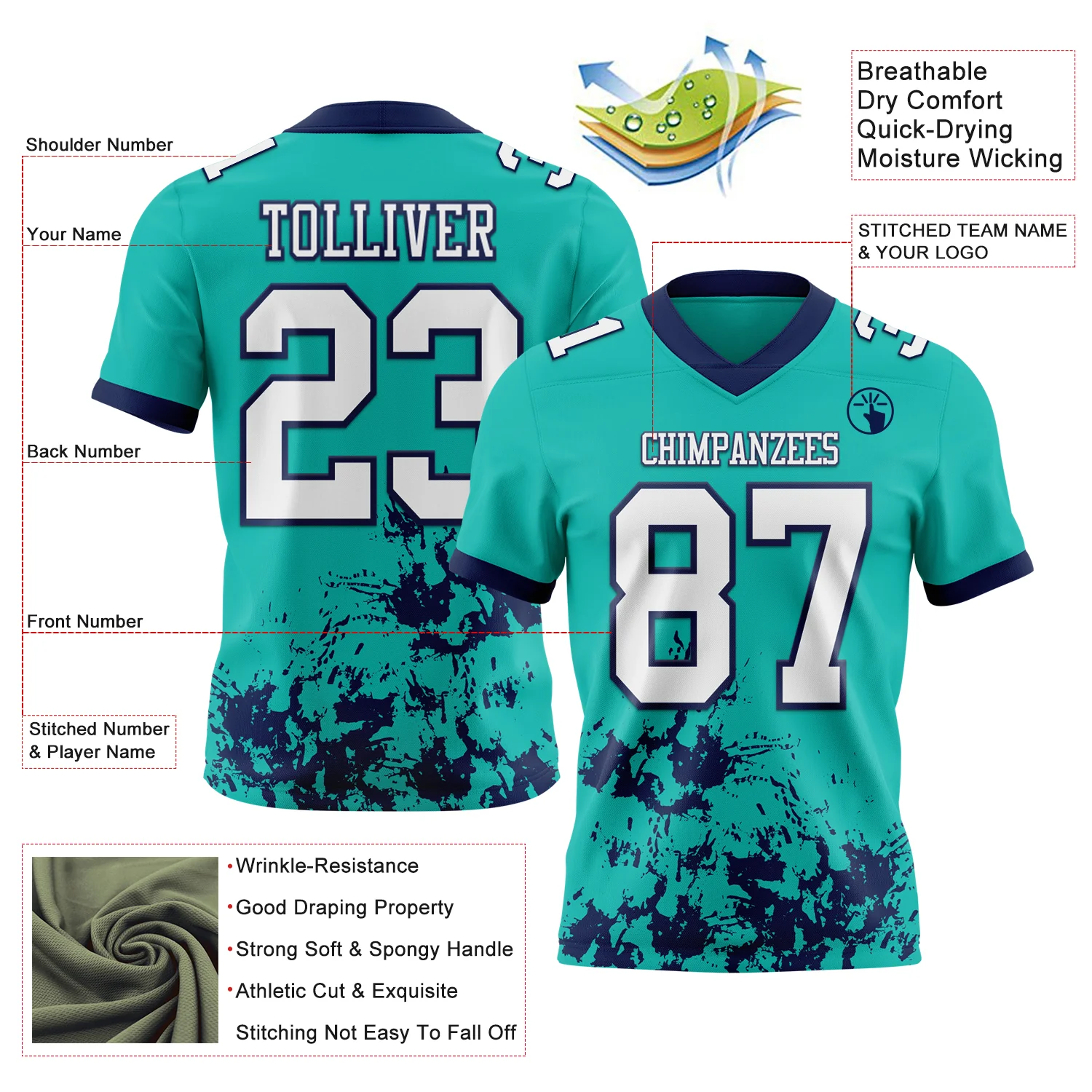 Custom Aqua White-Navy 3D Pattern Splash Authentic Football Jersey