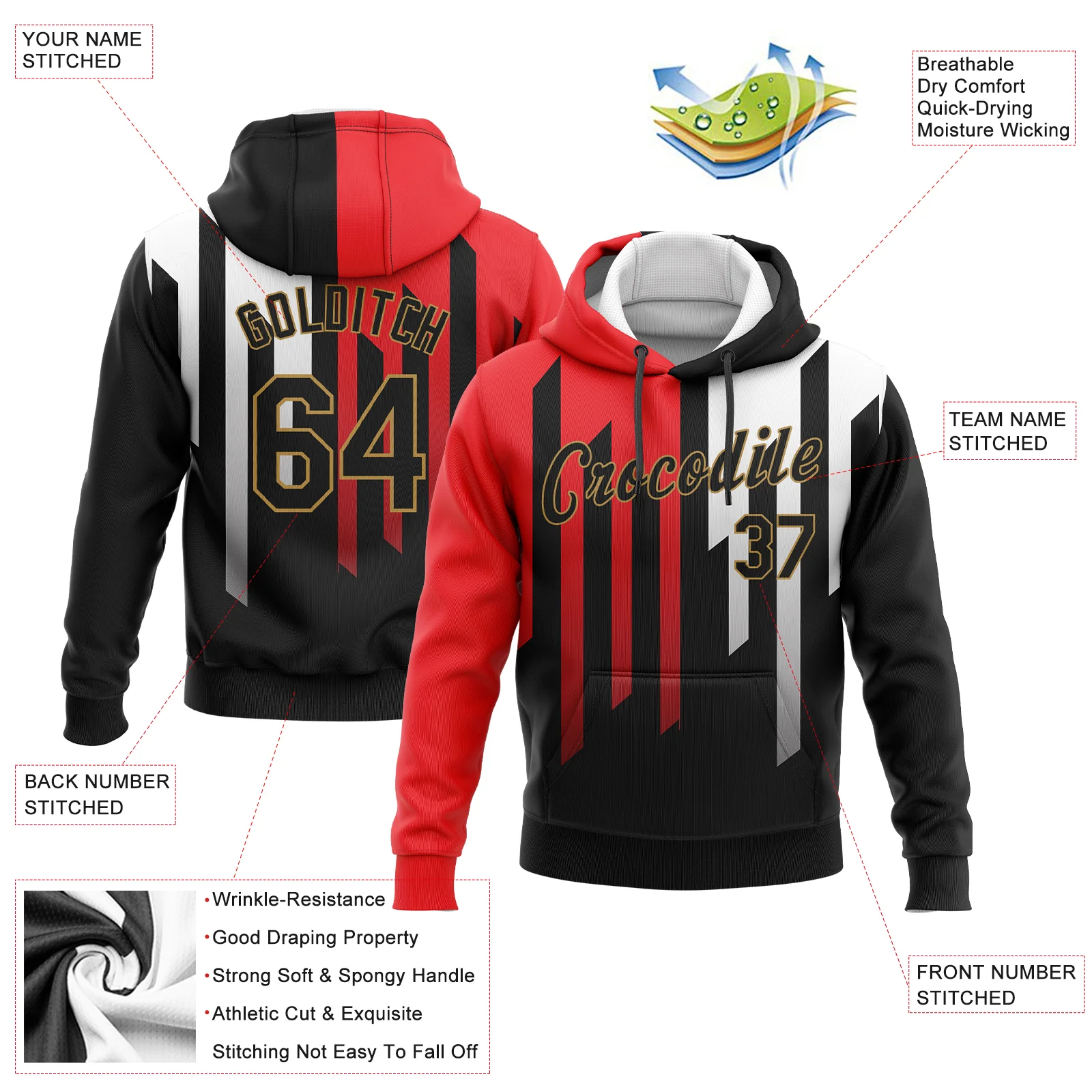 Custom Stitched Red Black Old Gold-White 3D Pattern Design Sports Pullover Sweatshirt Hoodie