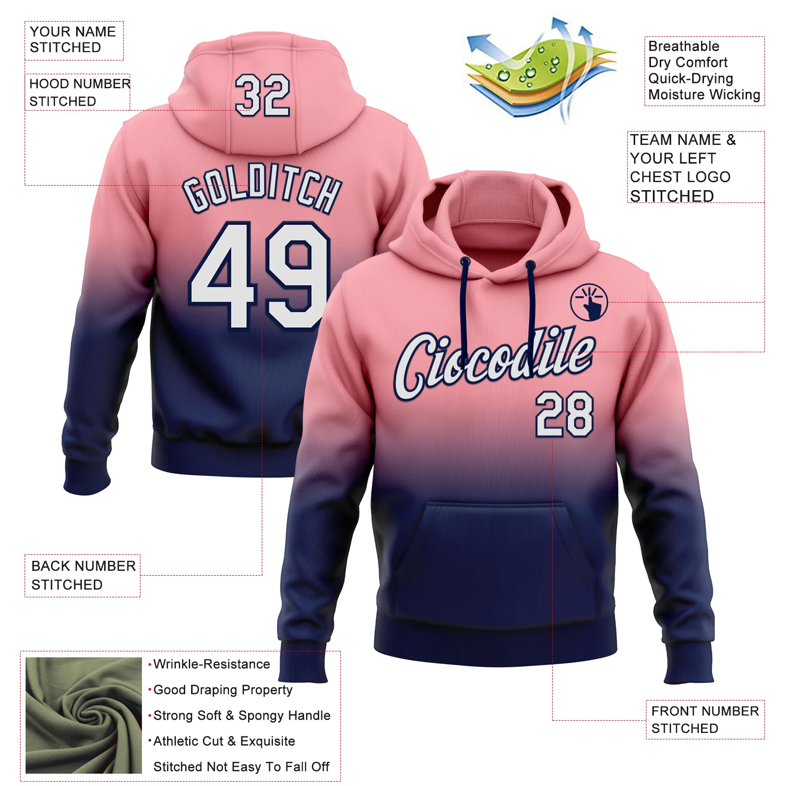 Custom Stitched Medium Pink White-Navy Fade Fashion Sports Pullover Sweatshirt Hoodie