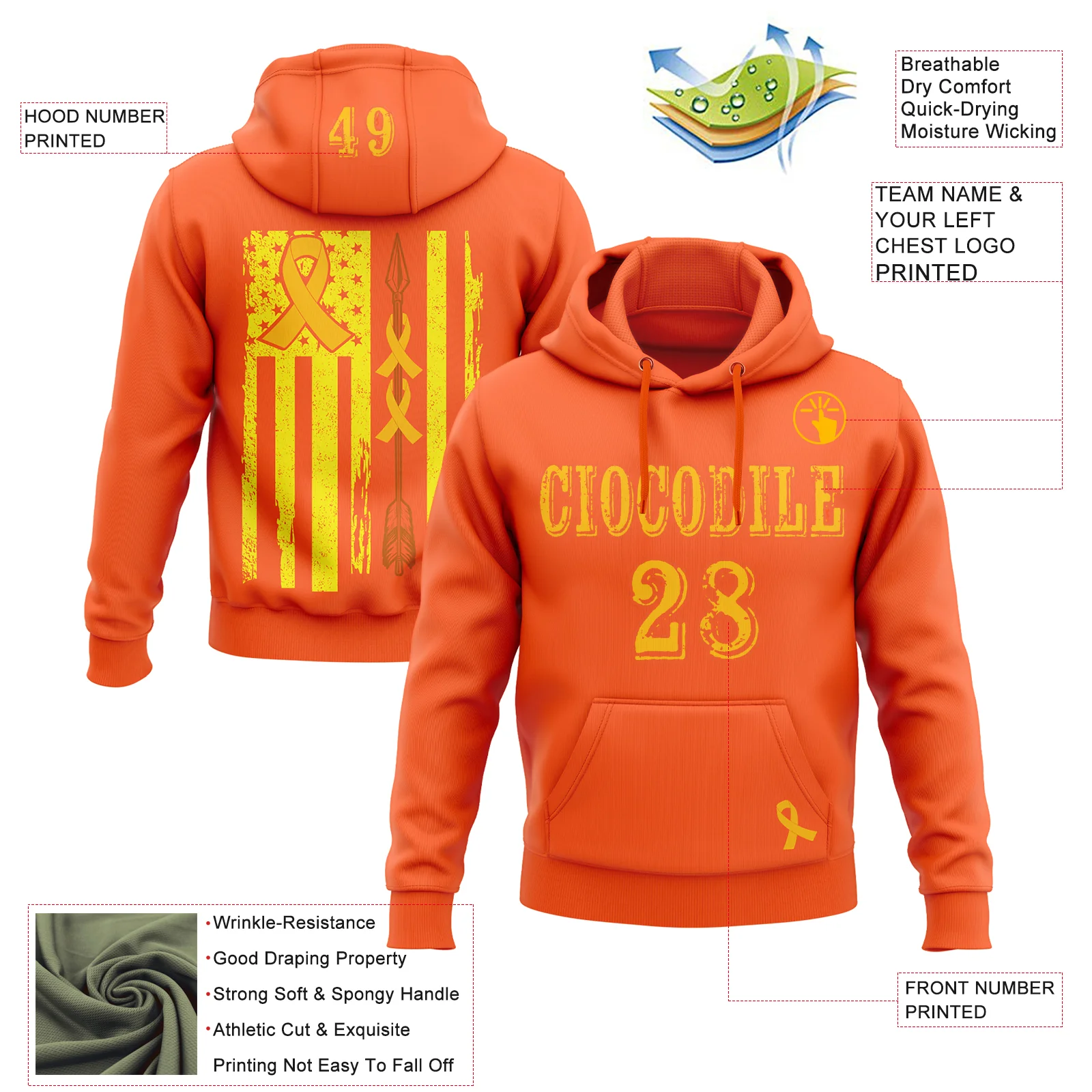Custom Orange Gold 3D Bone Cancer World Cancer Day Ribbon Support Sports Pullover Sweatshirt Hoodie