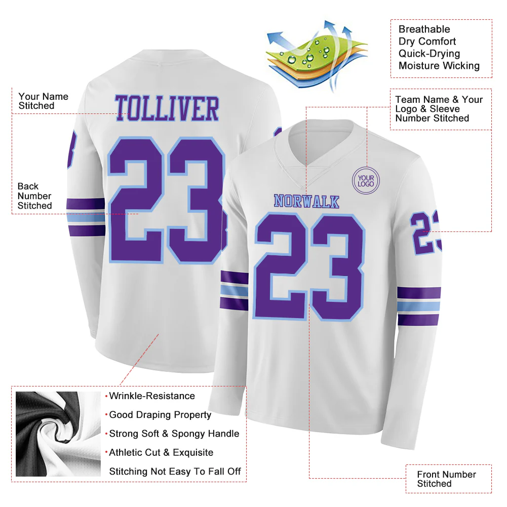 Custom White Purple-Light Blue Long Sleeve Authentic Football Jersey