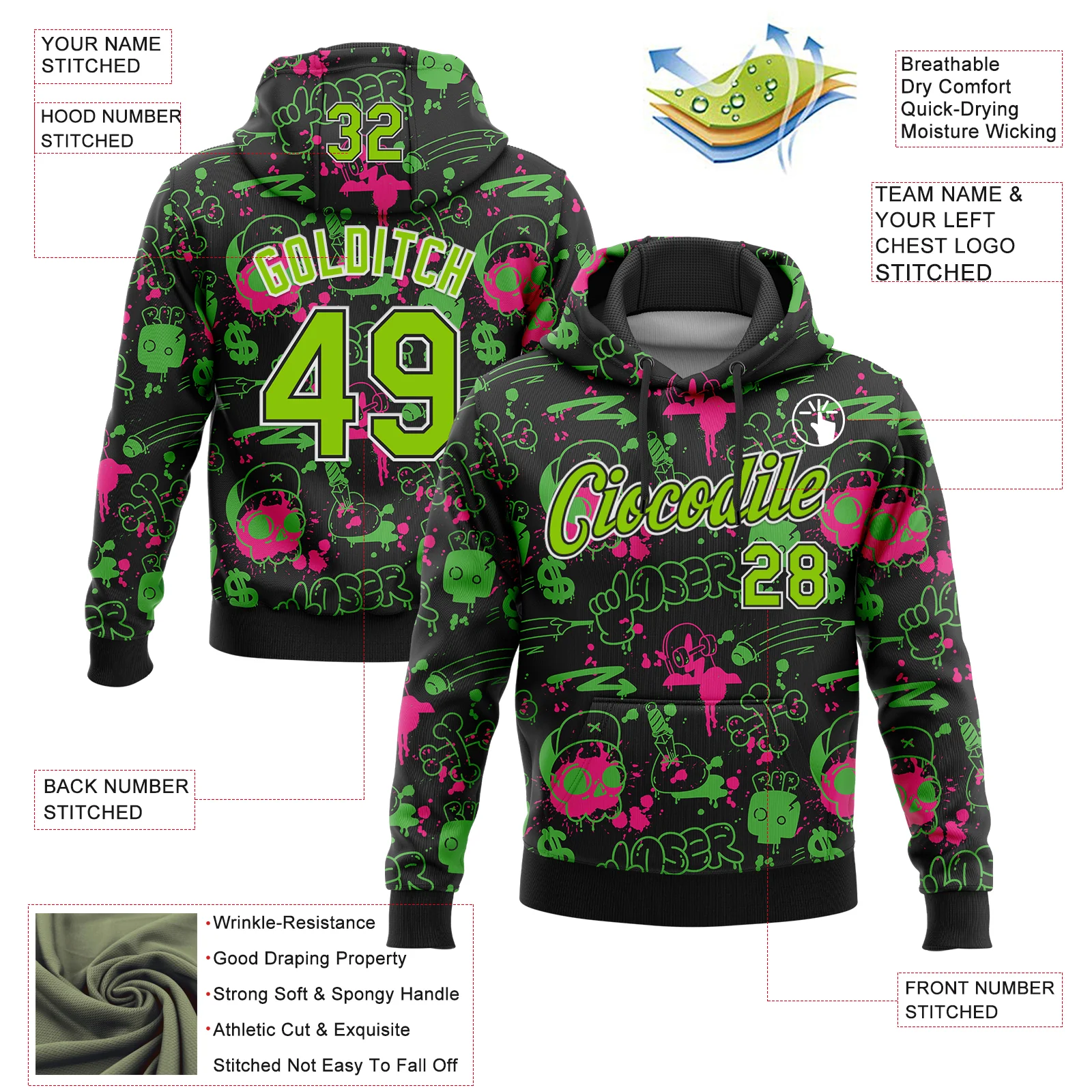 Custom Stitched Graffiti Pattern Neon Green Black-White 3D Abstract Grunge Art Sports Pullover Sweatshirt Hoodie