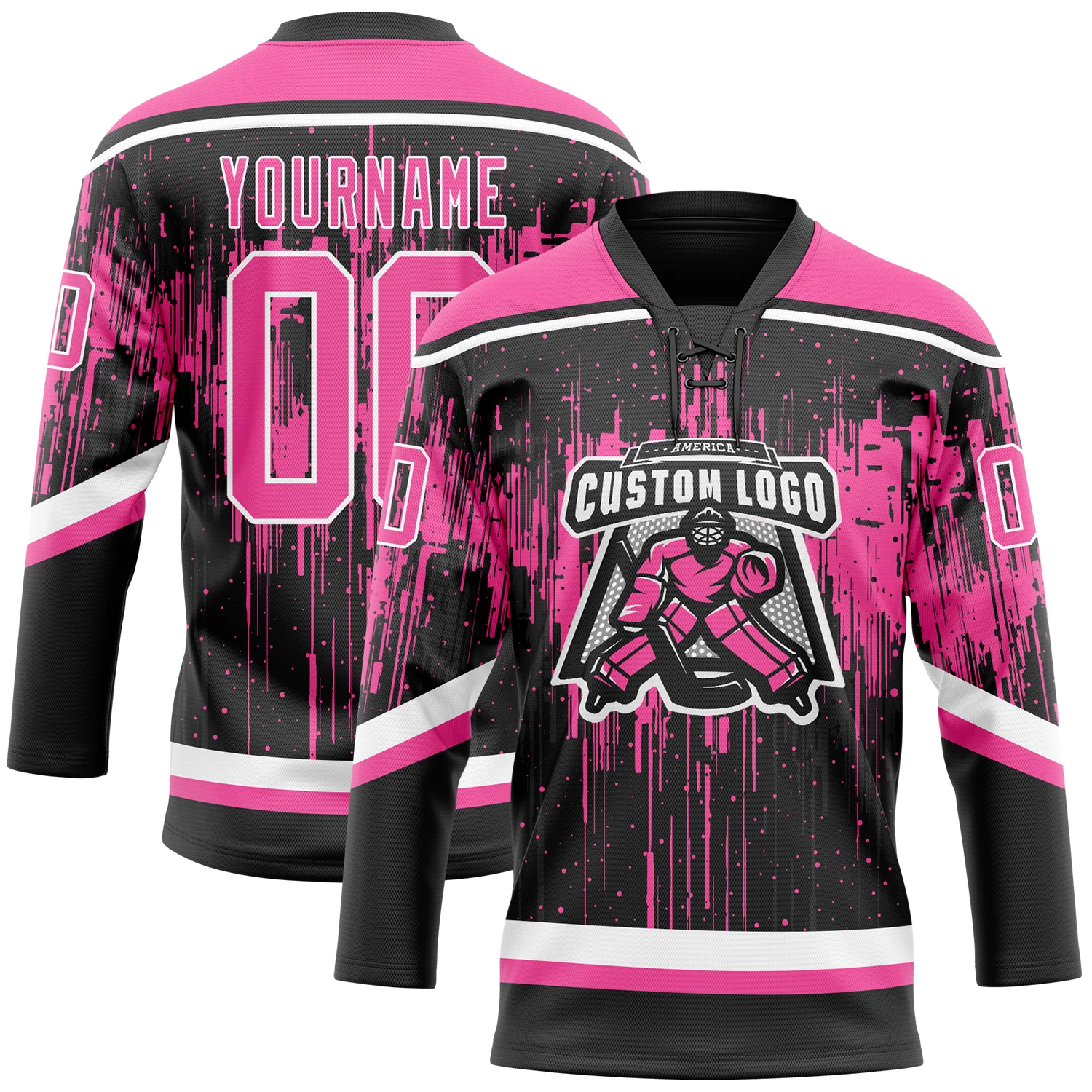 Custom Black Pink Steel Gray-White 3D Pattern Dripping Splatter Hockey Lace Neck Jersey