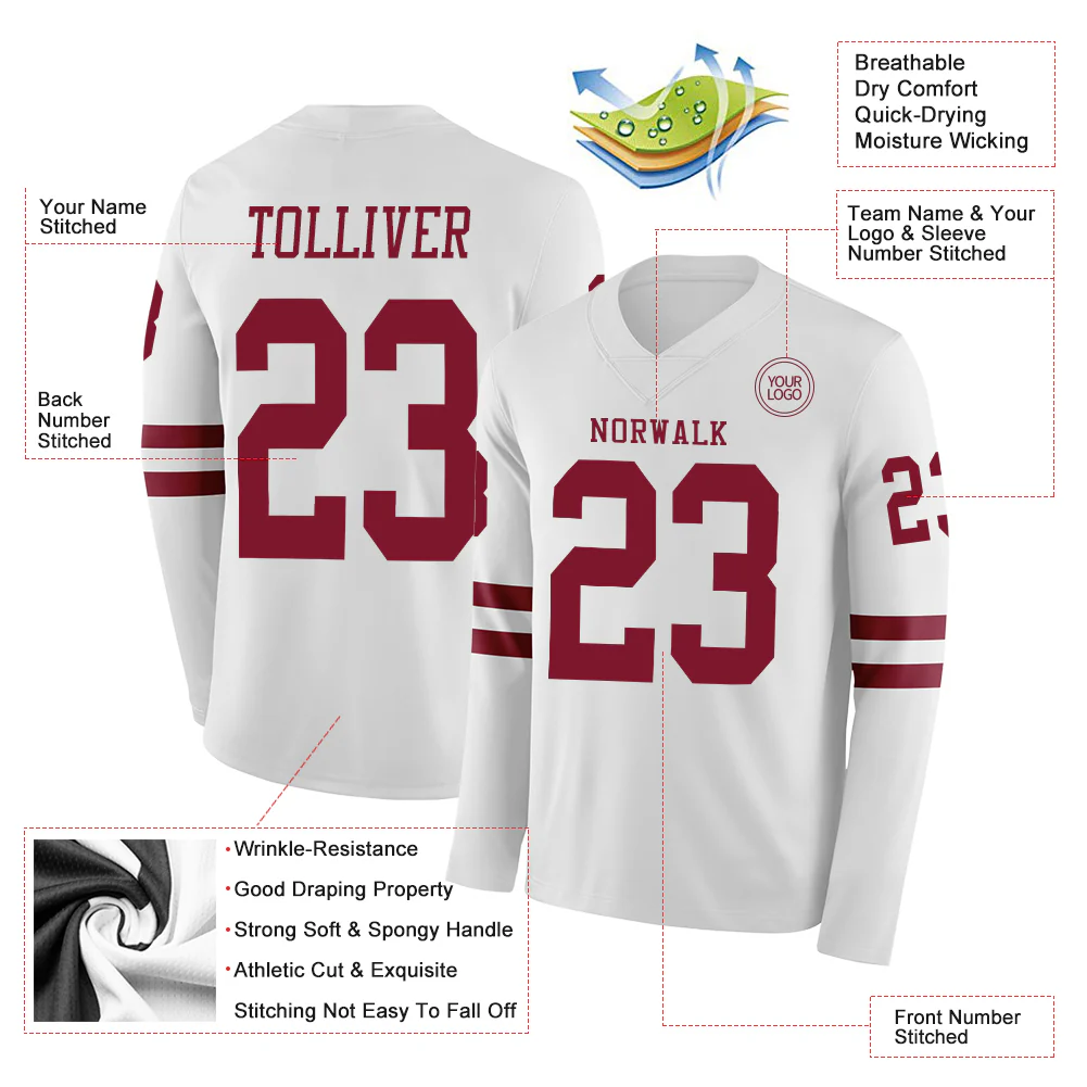 Custom White Crimson Long Sleeve Authentic Football Jersey