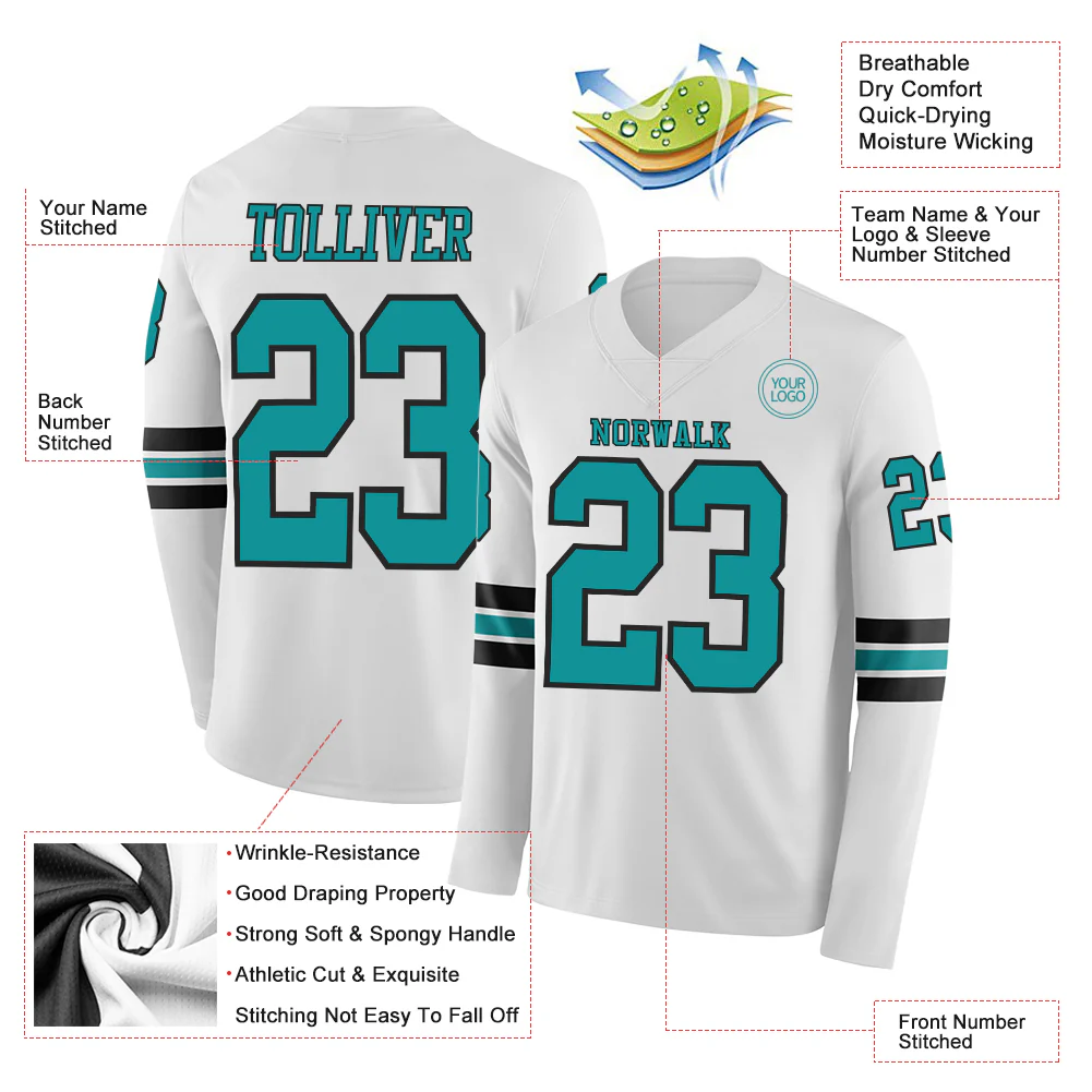Custom White Teal-Black Long Sleeve Authentic Football Jersey