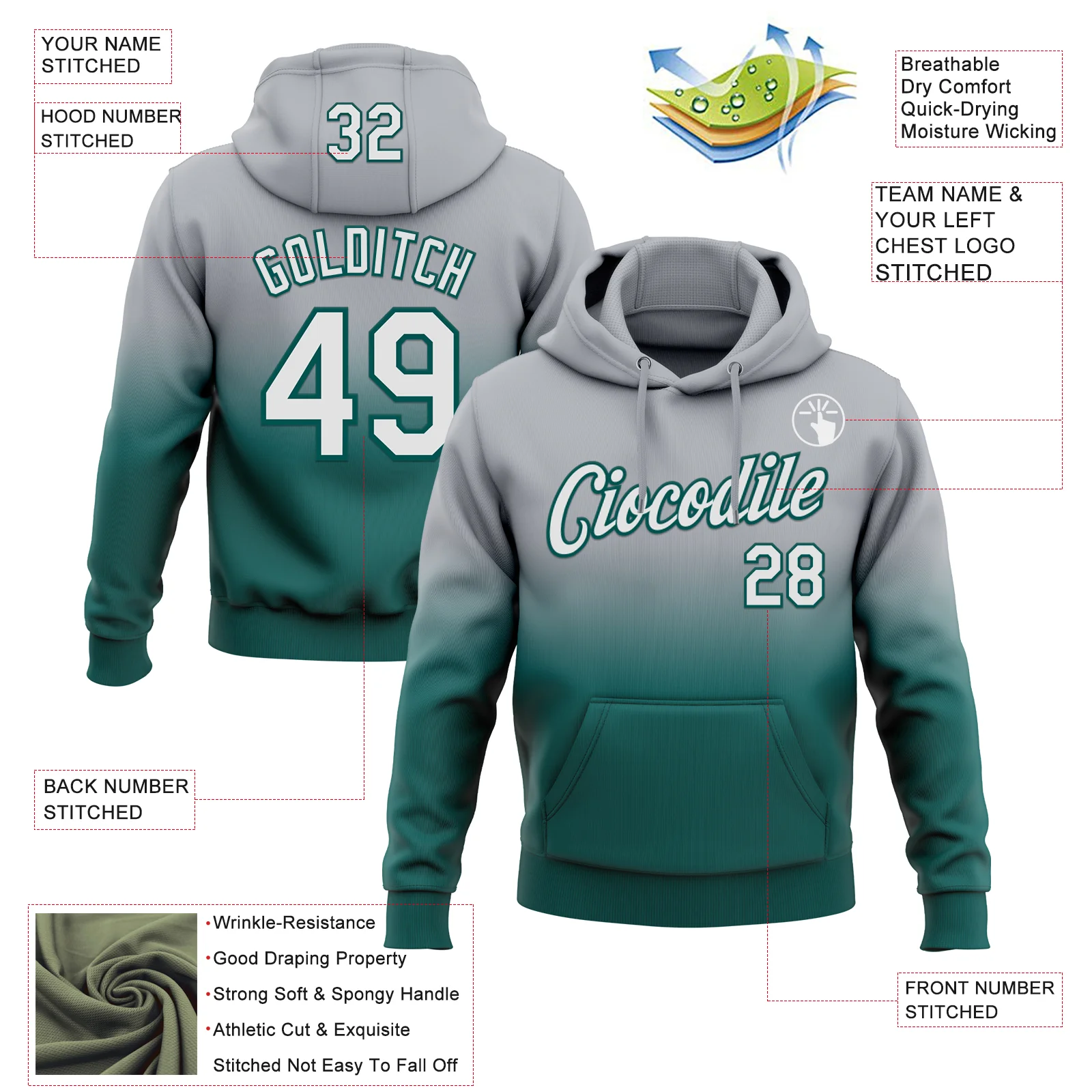 Custom Stitched Gray White-Midnight Green Fade Fashion Sports Pullover Sweatshirt Hoodie
