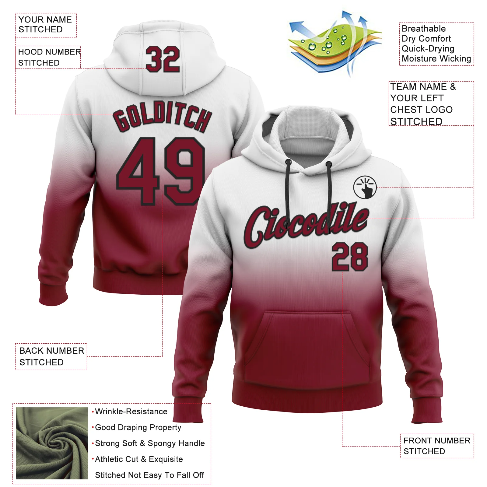Custom Stitched White Crimson-Black Fade Fashion Sports Pullover Sweatshirt Hoodie