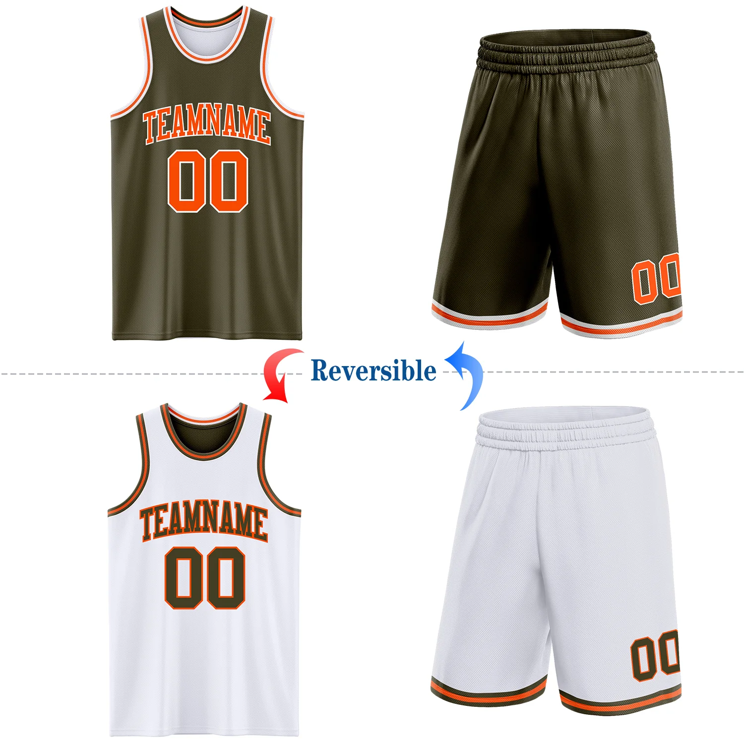 Custom Reversible Olive Orange-White Double Side Salute To Service Sublimation Basketball Suit Jersey