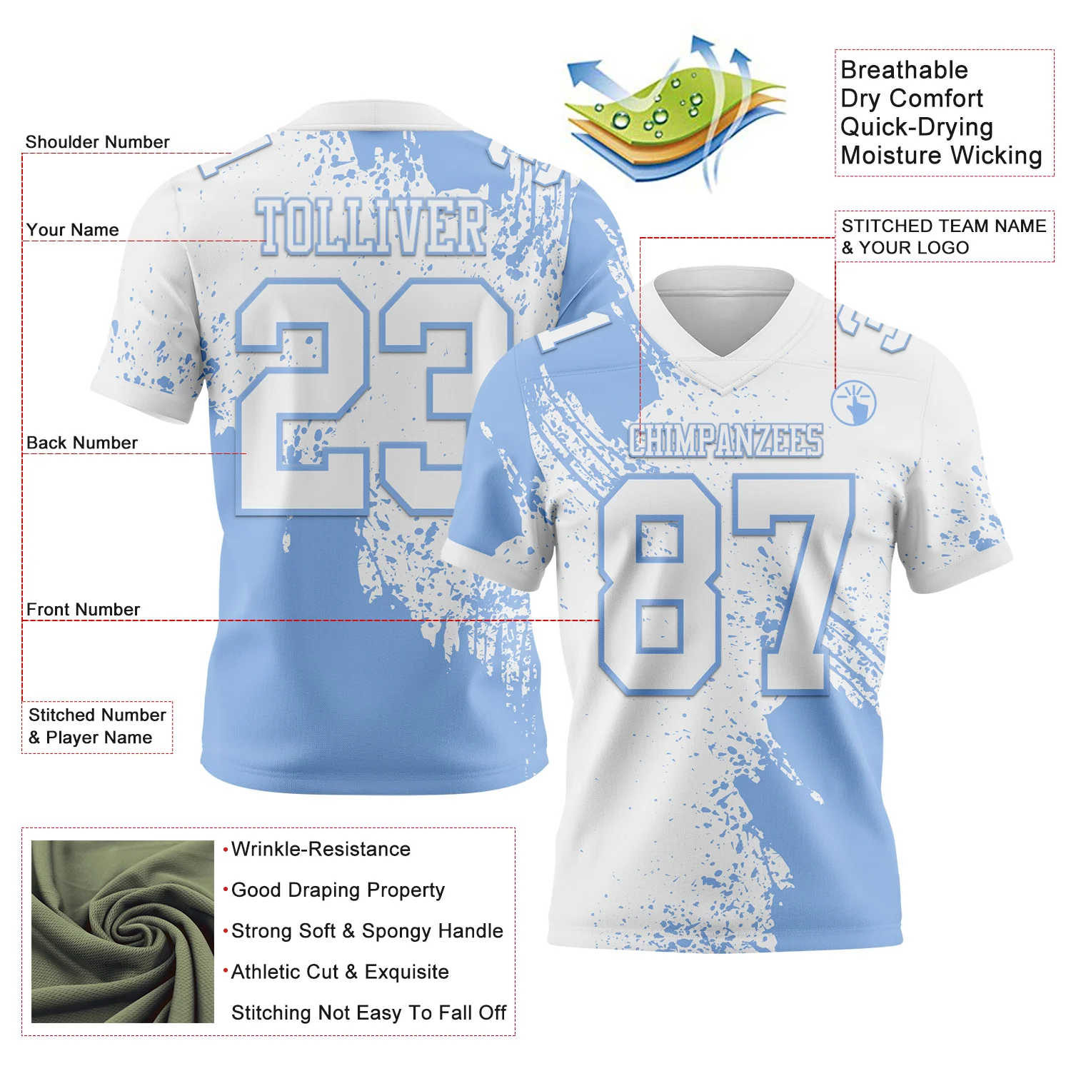 Custom White Light Blue 3D Pattern Abstract Brush Stroke Authentic Football Jersey