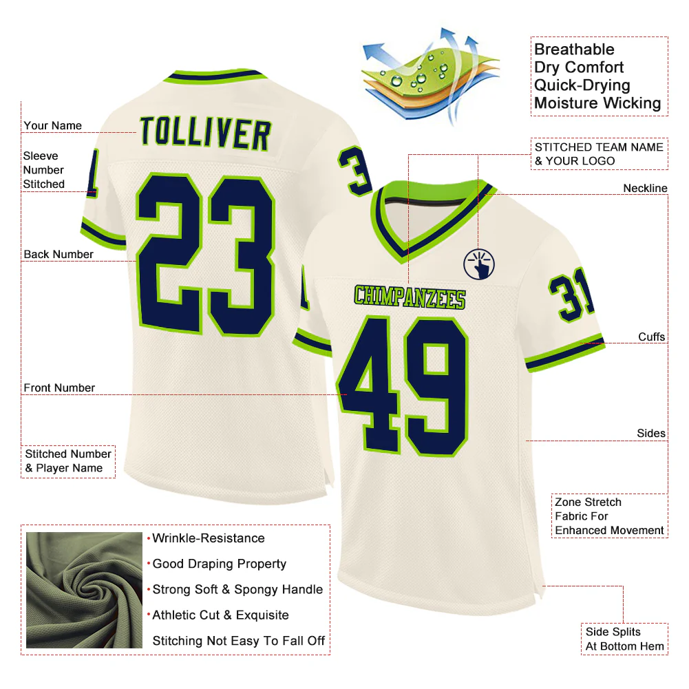 Custom Cream Navy-Neon Green Mesh Authentic Throwback Football Jersey
