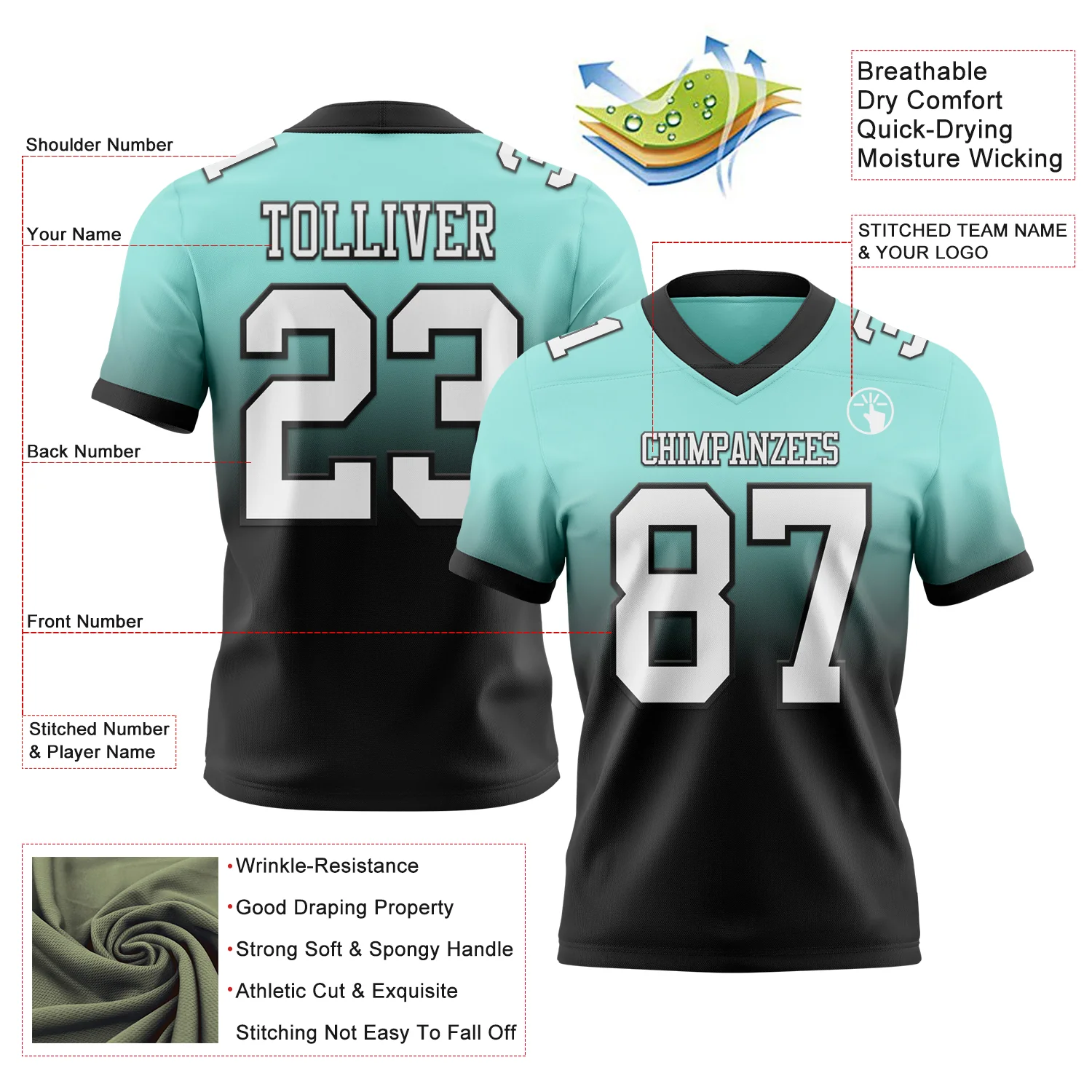 Custom Ice Blue White-Black Authentic Fade Fashion Football Jersey