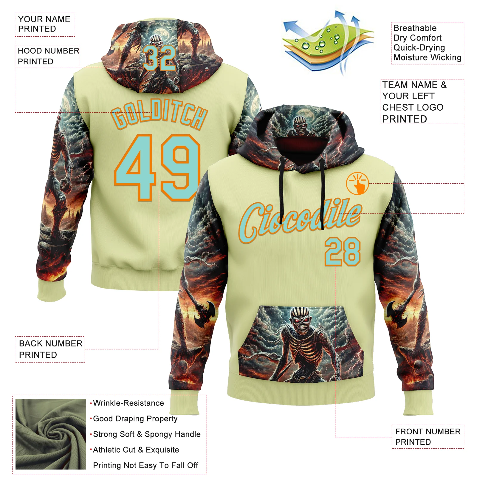 Custom Yellow Ice Blue-Bay Orange 3D Skull Hell Sports Pullover Sweatshirt Hoodie