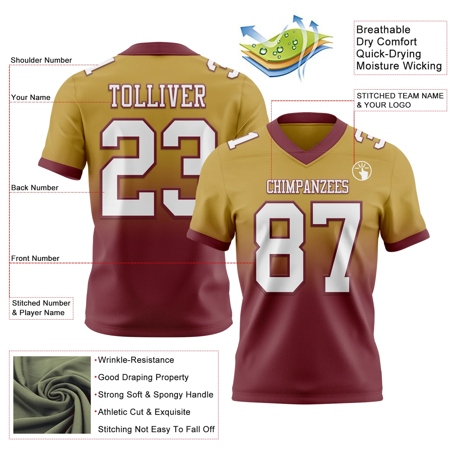 Custom Old Gold White-Burgundy Authentic Fade Fashion Football Jersey