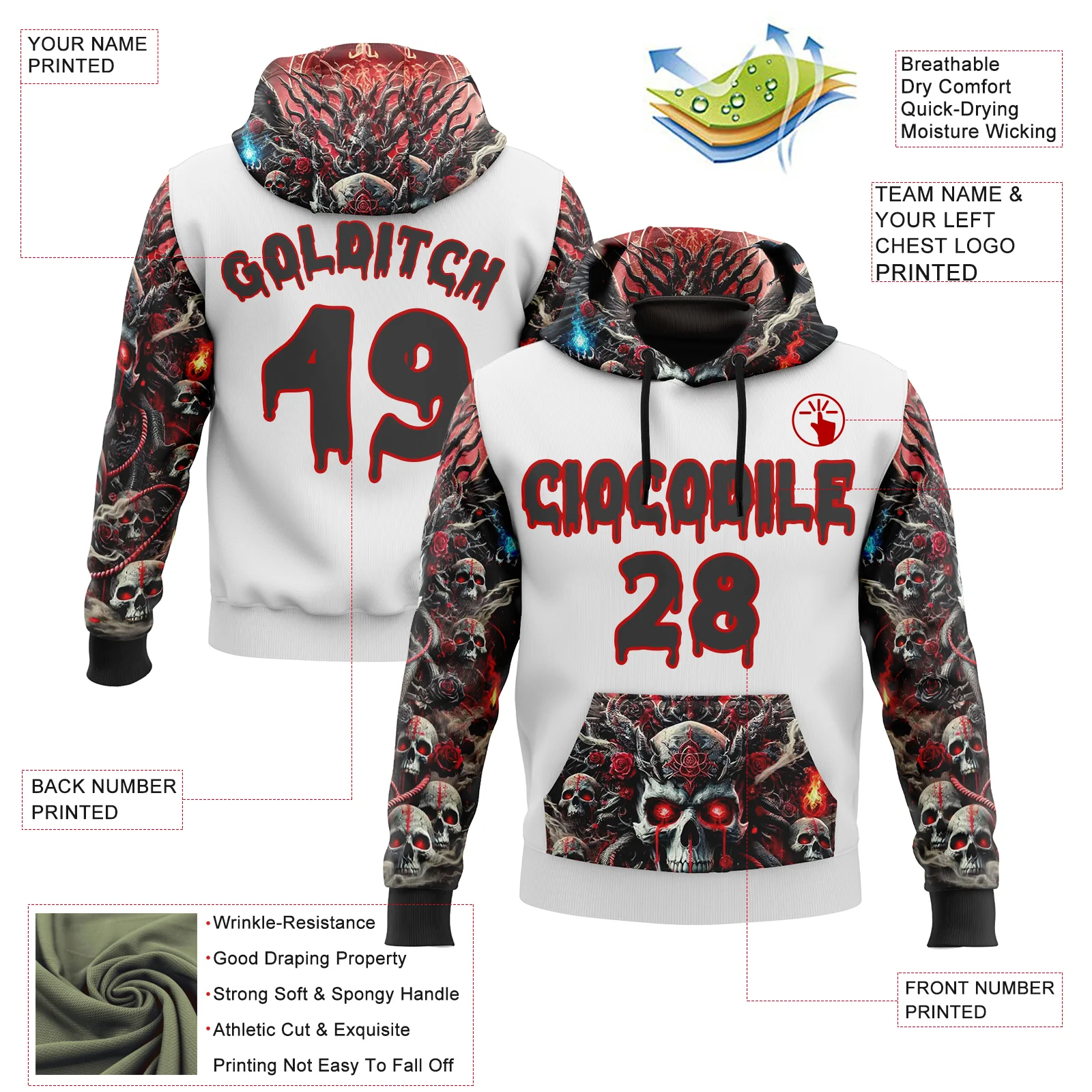 Custom White Black-Red 3D Skull Hell Sports Pullover Sweatshirt Hoodie