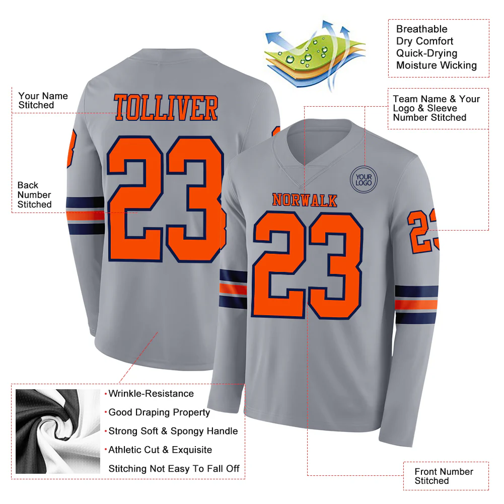Custom Gray Orange-Navy Long Sleeve Authentic Football Jersey
