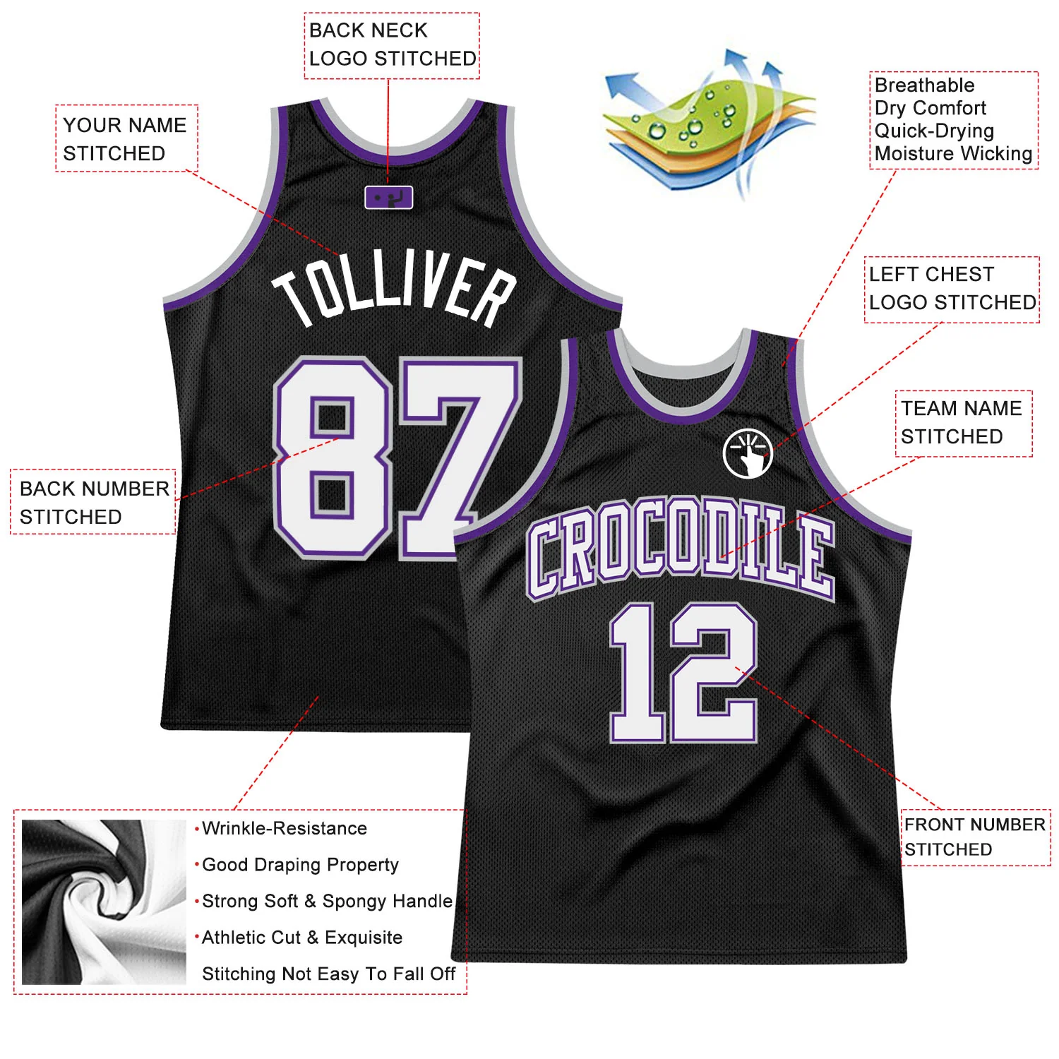 Custom Black White Purple-Gray Authentic Throwback Basketball Jersey