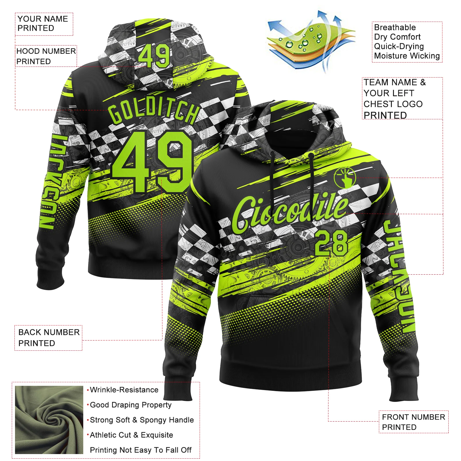 Custom Black Neon Green-White 3D Pattern Design Formula Auto Car Racing Motorsport Sports Pullover Sweatshirt Hoodie