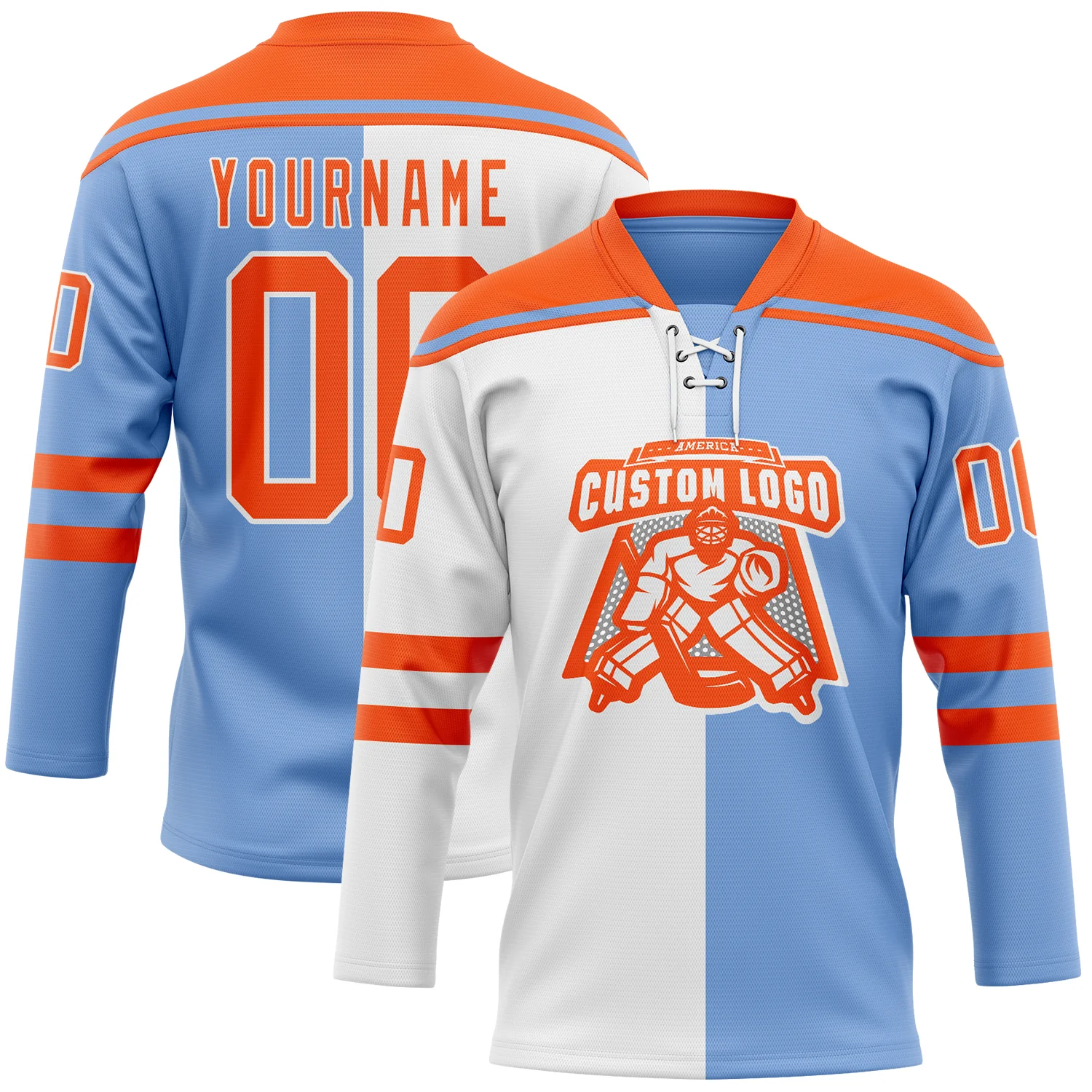 Custom Powder Blue Orange-White Split Fashion Hockey Lace Neck Jersey