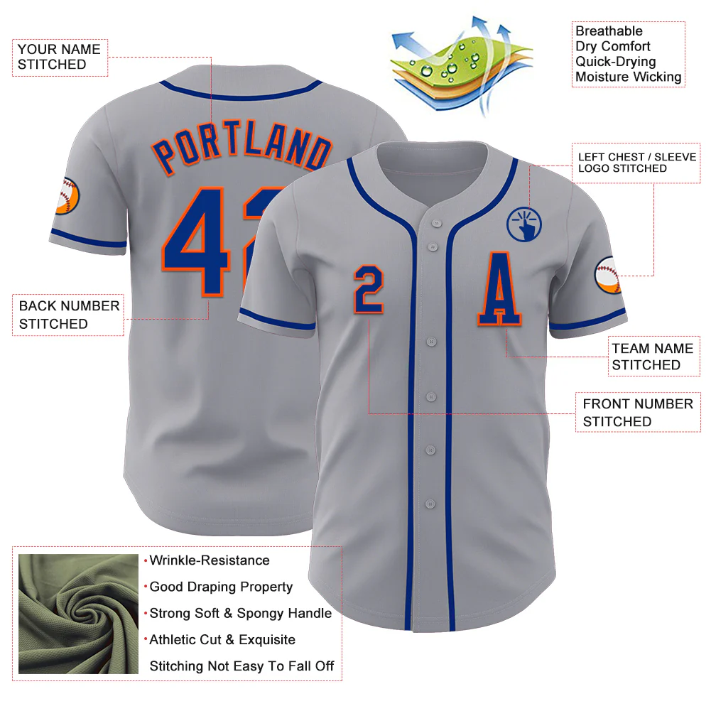 Custom Gray Royal-Orange Authentic Baseball Jersey