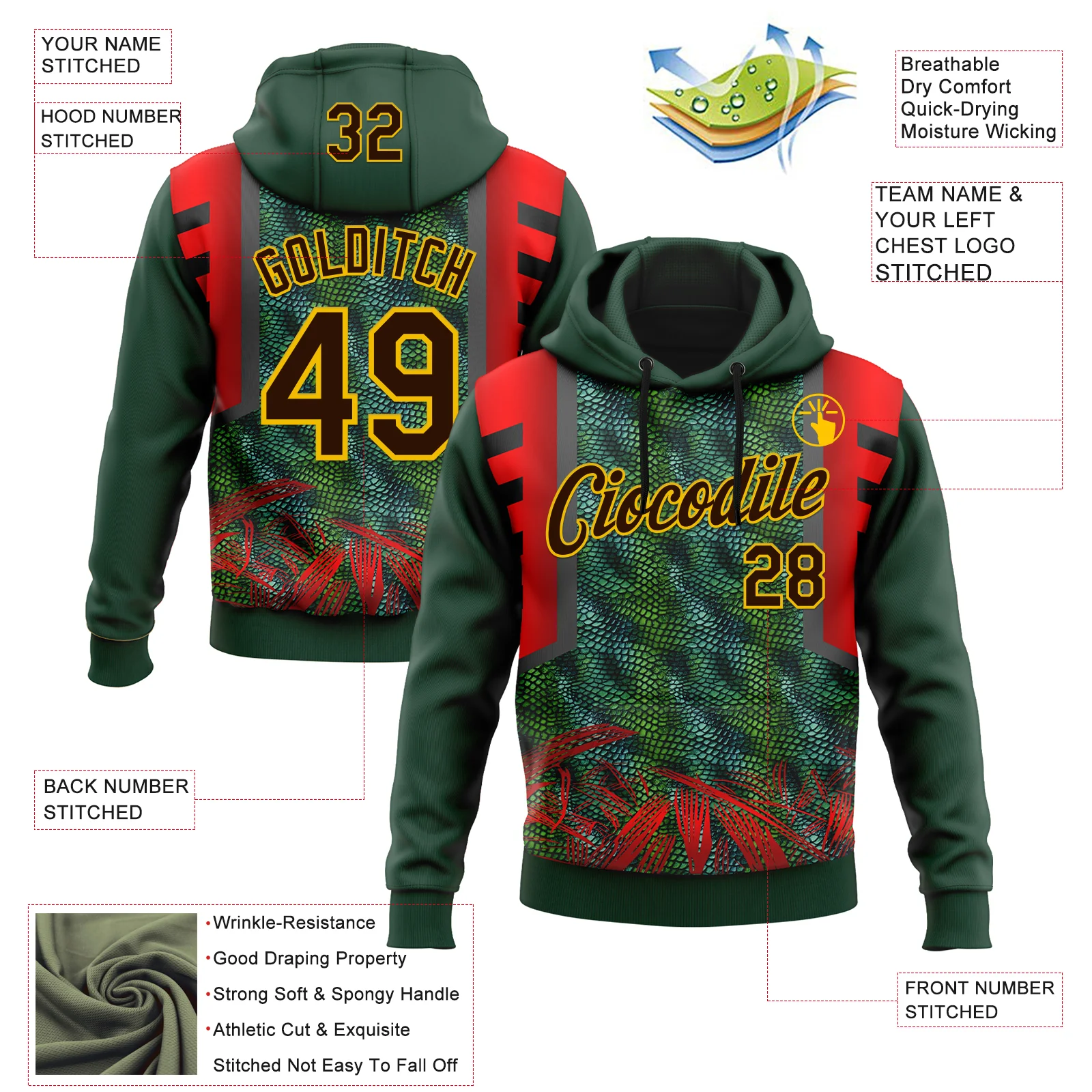 Custom Stitched Green Brown Red-Yellow 3D Pattern Design Snake Skin Print Sportswear Pullover Sweatshirt Hoodie
