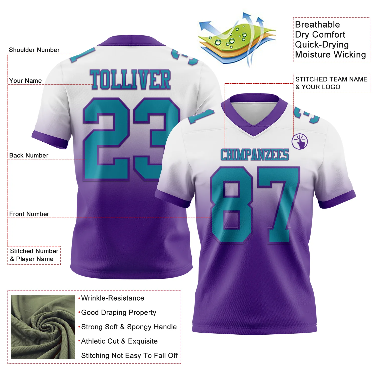 Custom White Teal-Purple Authentic Fade Fashion Football Jersey