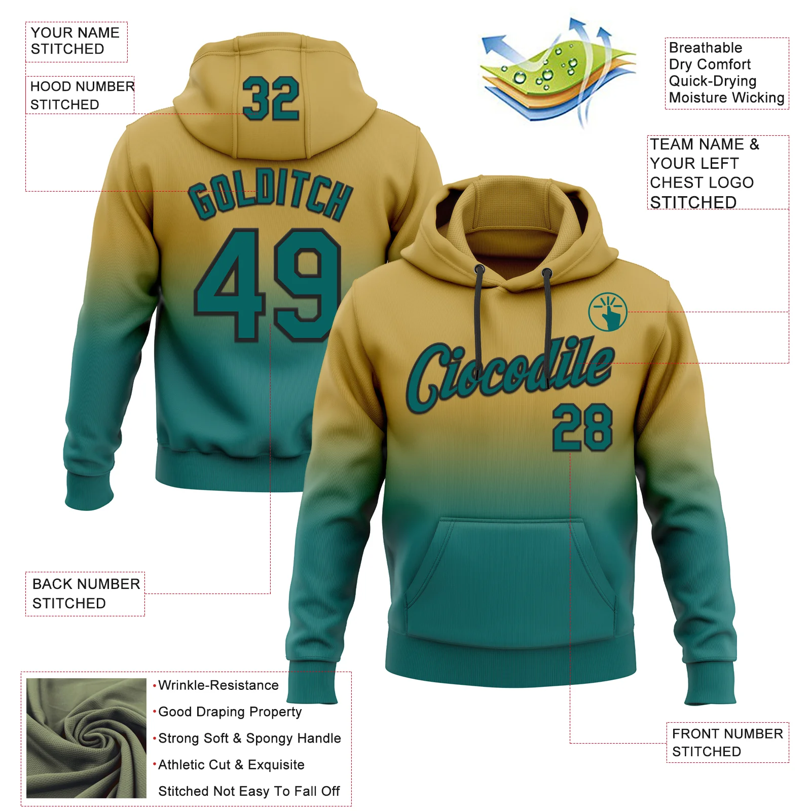 Custom Stitched Old Gold Teal-Black Fade Fashion Sports Pullover Sweatshirt Hoodie