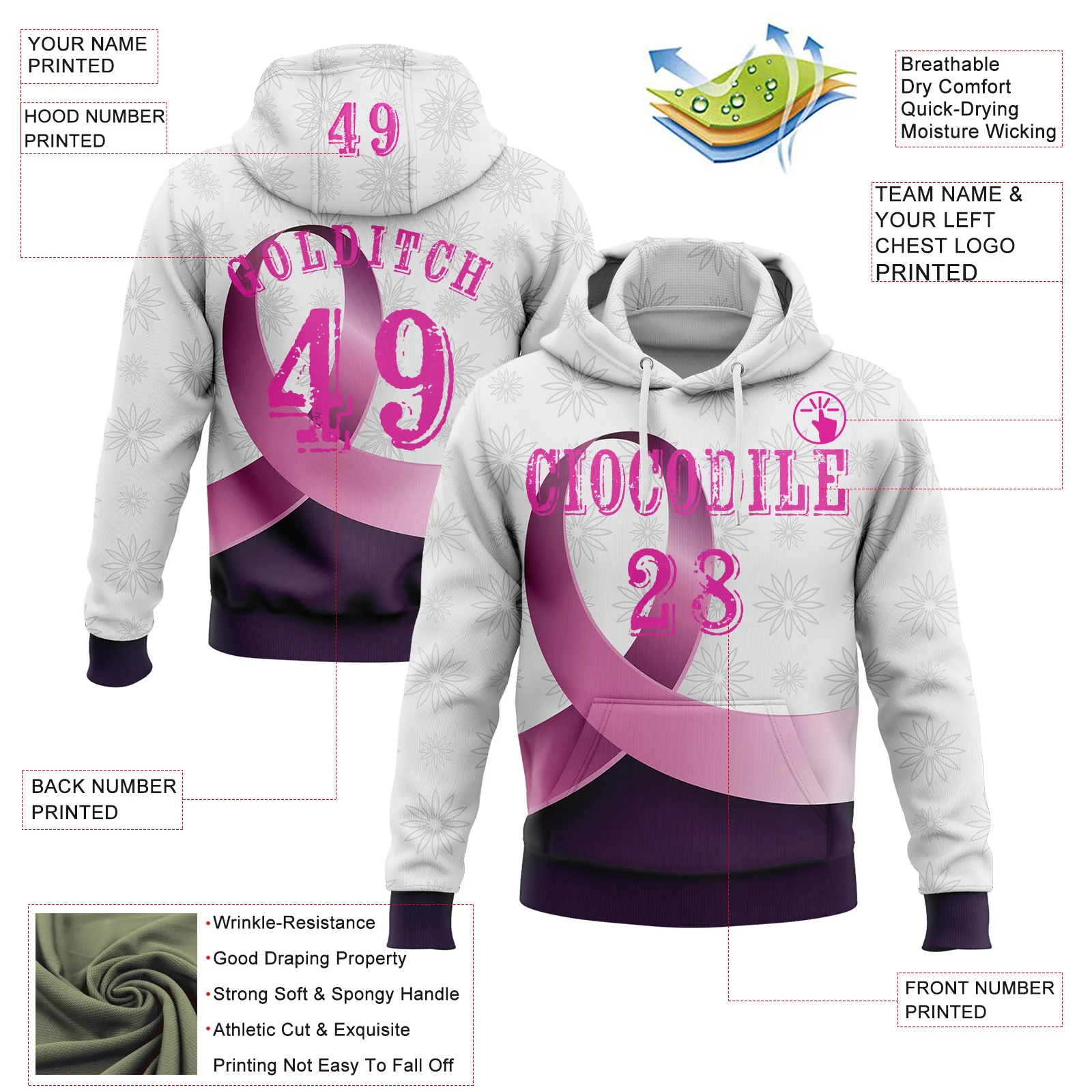 Custom White Deep Pink-Purple 3D Pink Ribbon Breast Cancer Awareness Women Health Care Support Sports Pullover Sweatshirt Hoodie