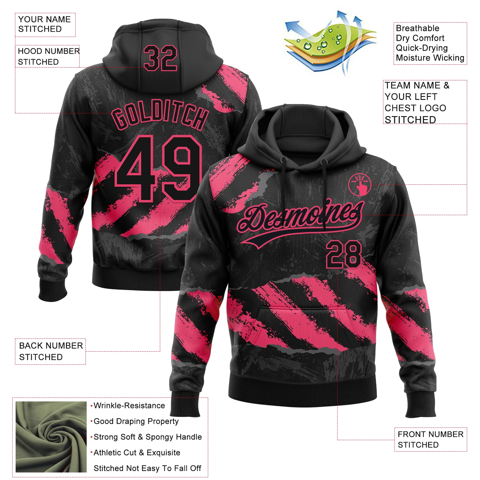 Custom Stitched Black Neon Pink-Steel Gray 3D Pattern Design Splash Sports Pullover Sweatshirt Hoodie