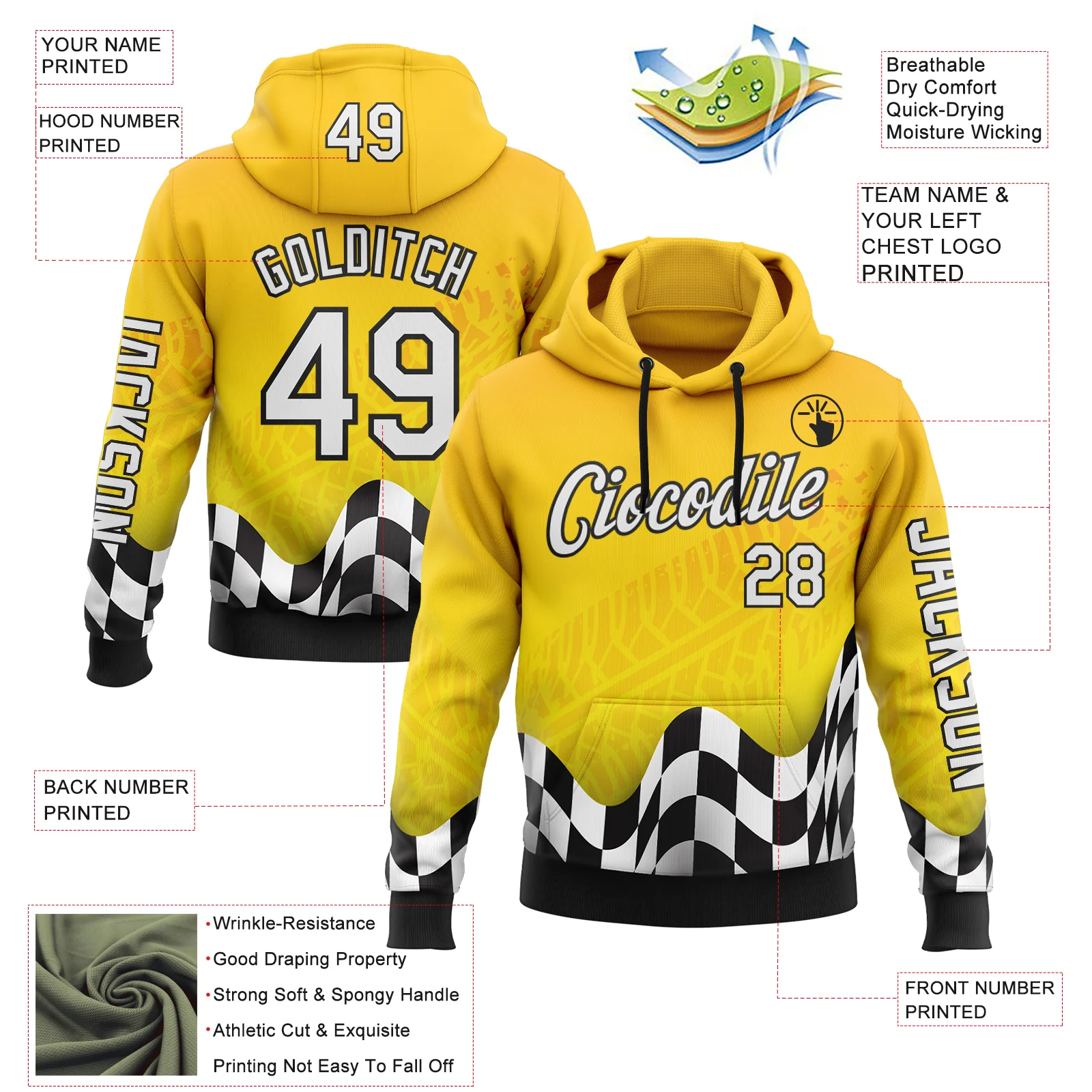 Custom Yellow White-Black 3D Pattern Design Formula Auto Car Racing Motorsport Sports Pullover Sweatshirt Hoodie